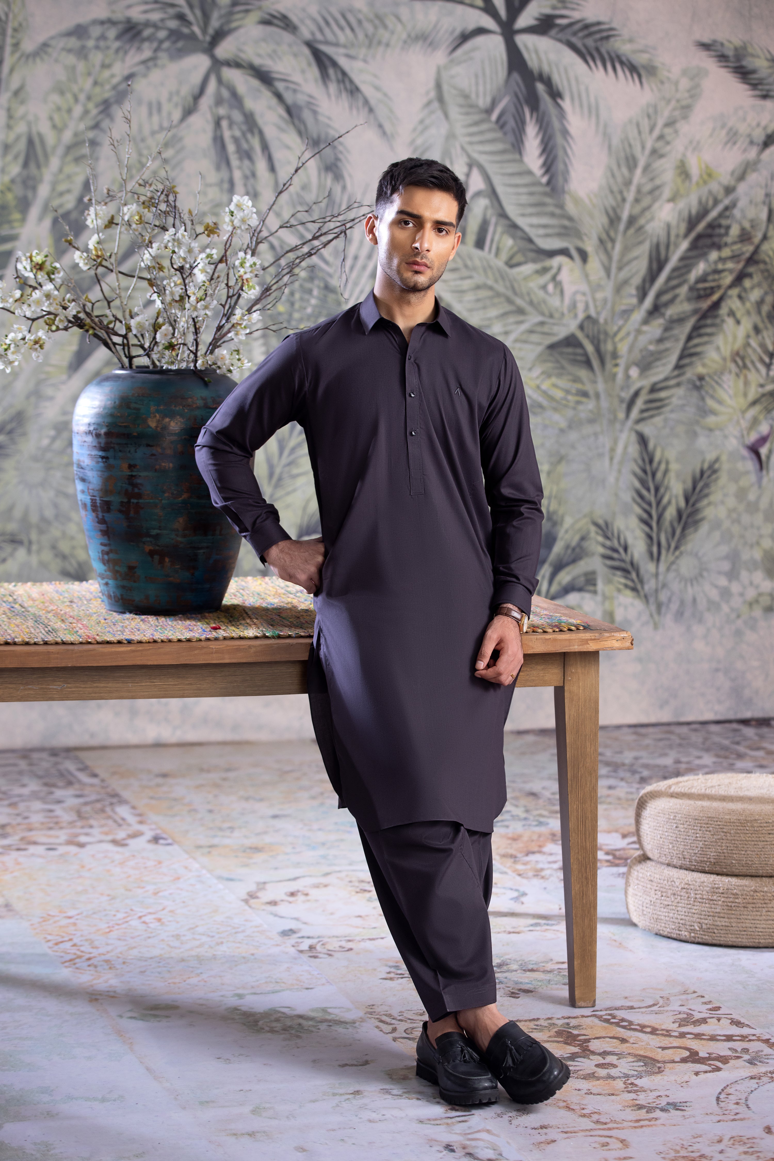 Charcoal Grey Collar Kameez Shalwar With Black Detailing