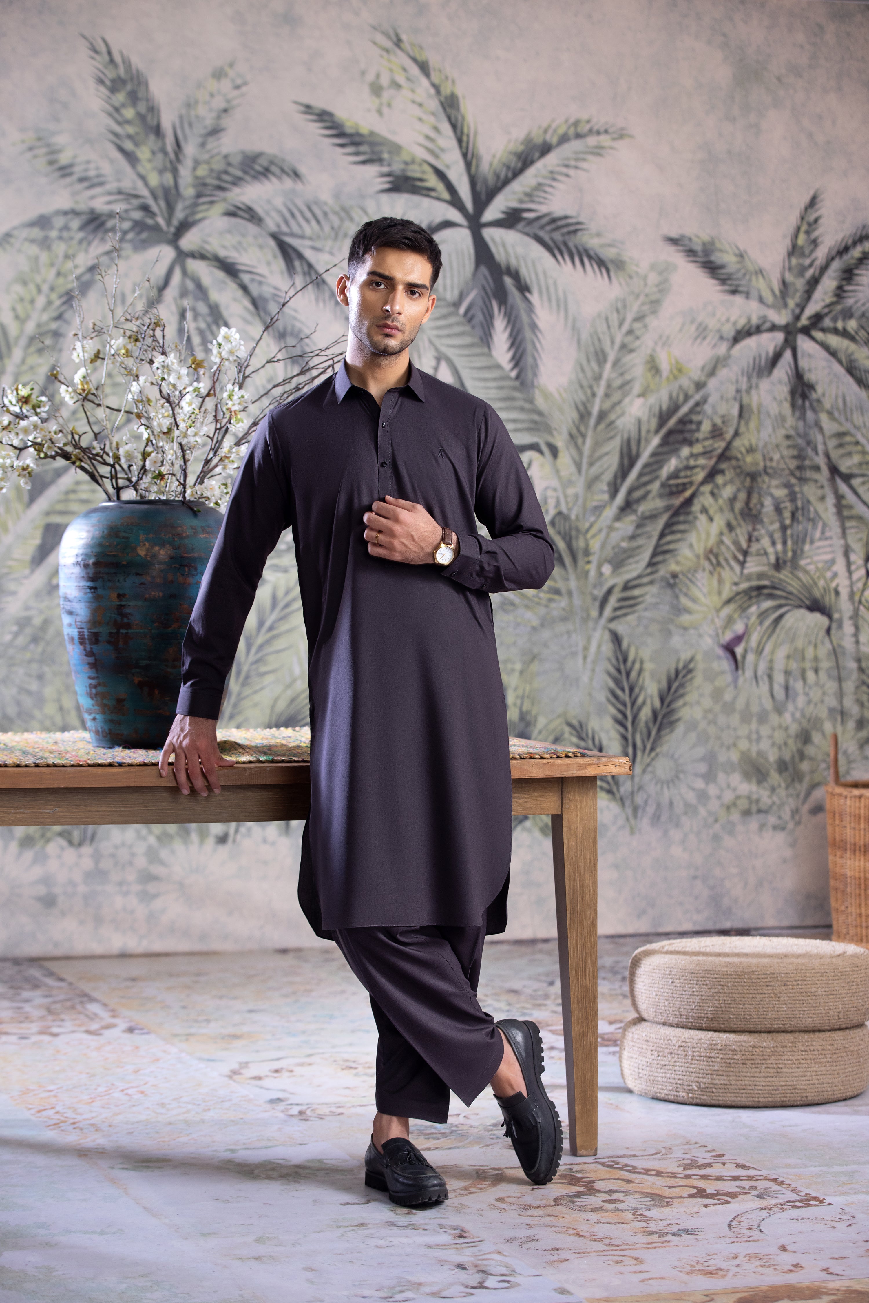 Charcoal Grey Collar Kameez Shalwar With Black Detailing