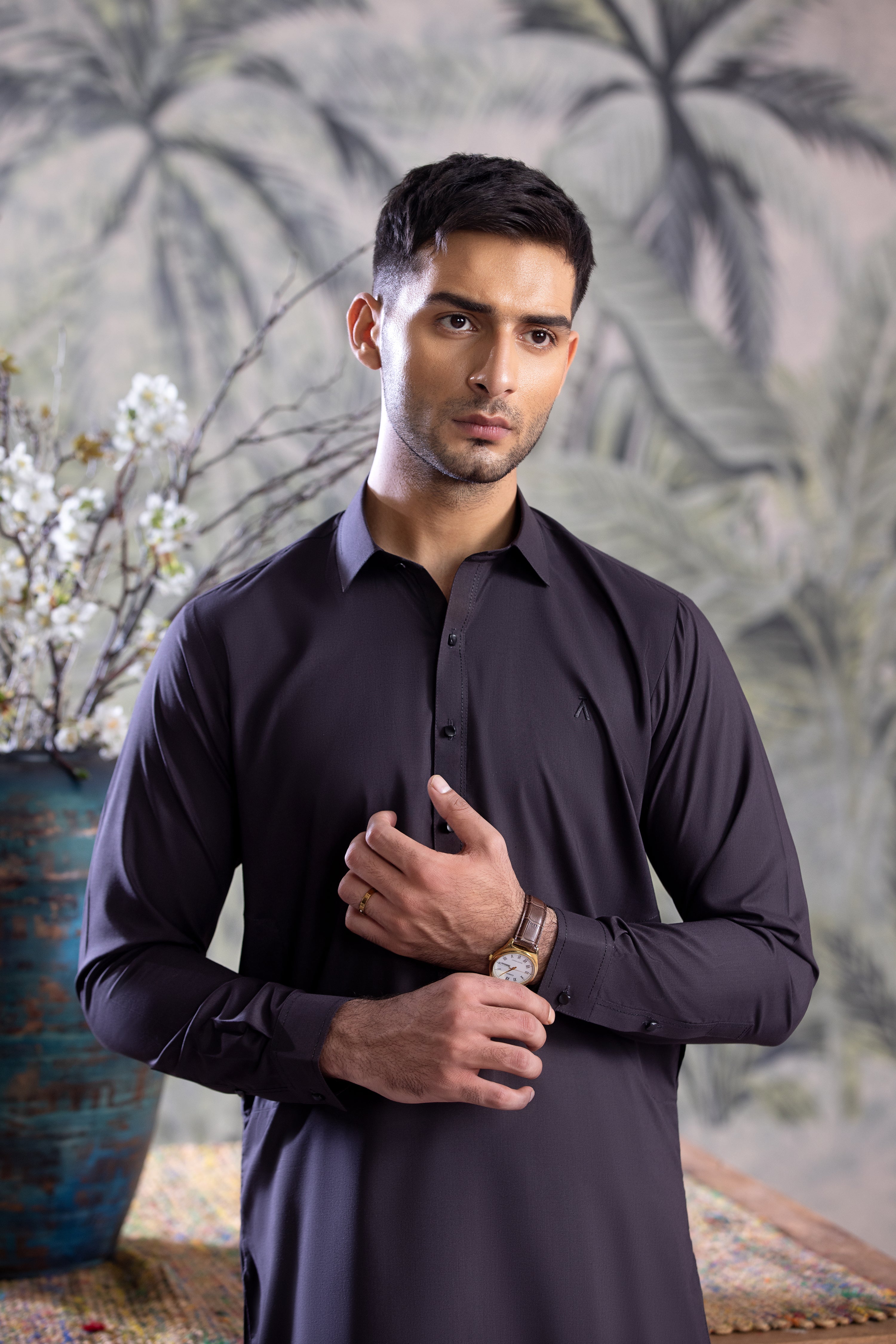 Charcoal Grey Collar Kameez Shalwar With Black Detailing