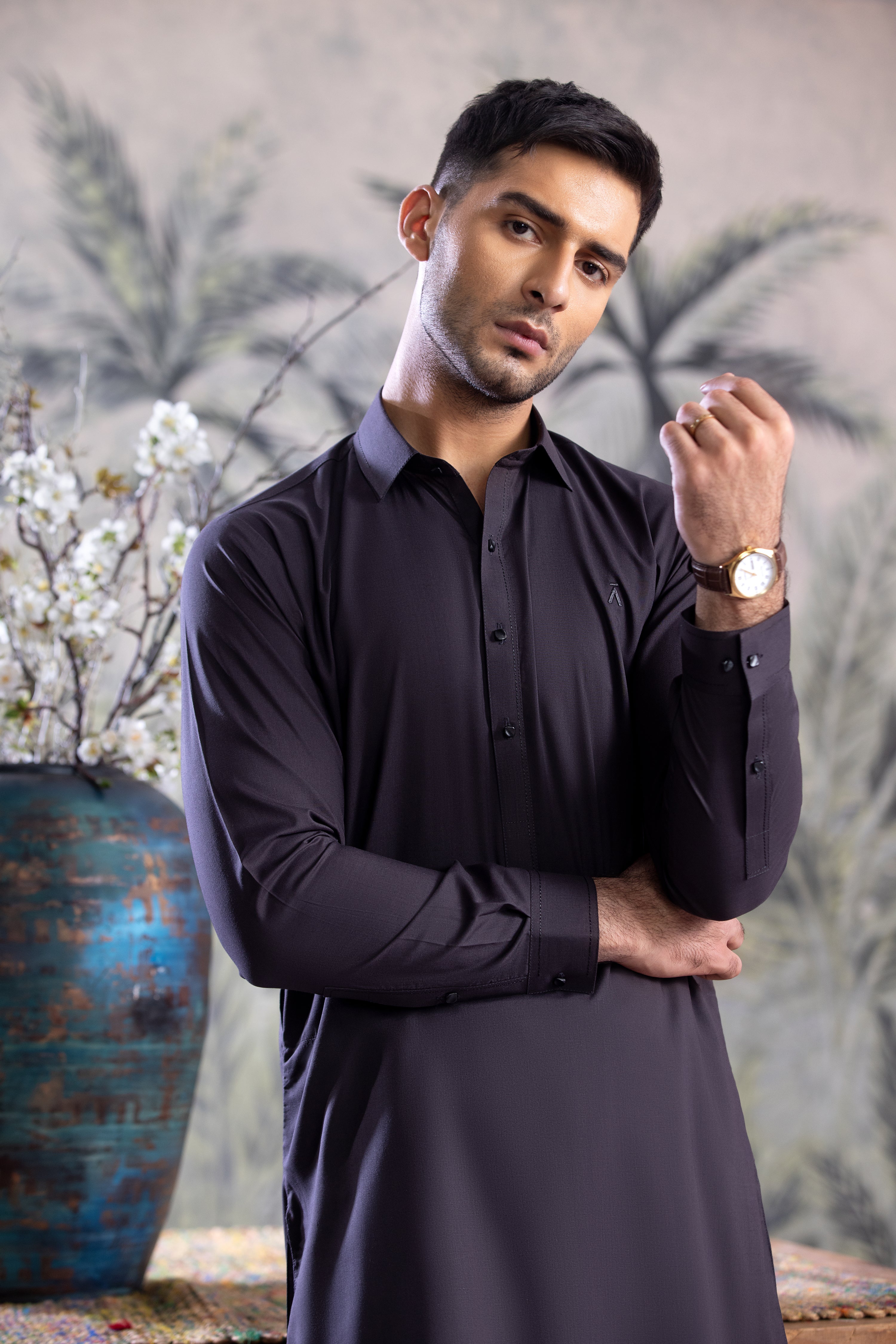 Charcoal Grey Collar Kameez Shalwar With Black Detailing