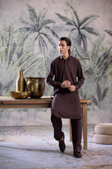 Stitched Round Collar Hidden Placket Kameez Shalwar for Men - Chocolate