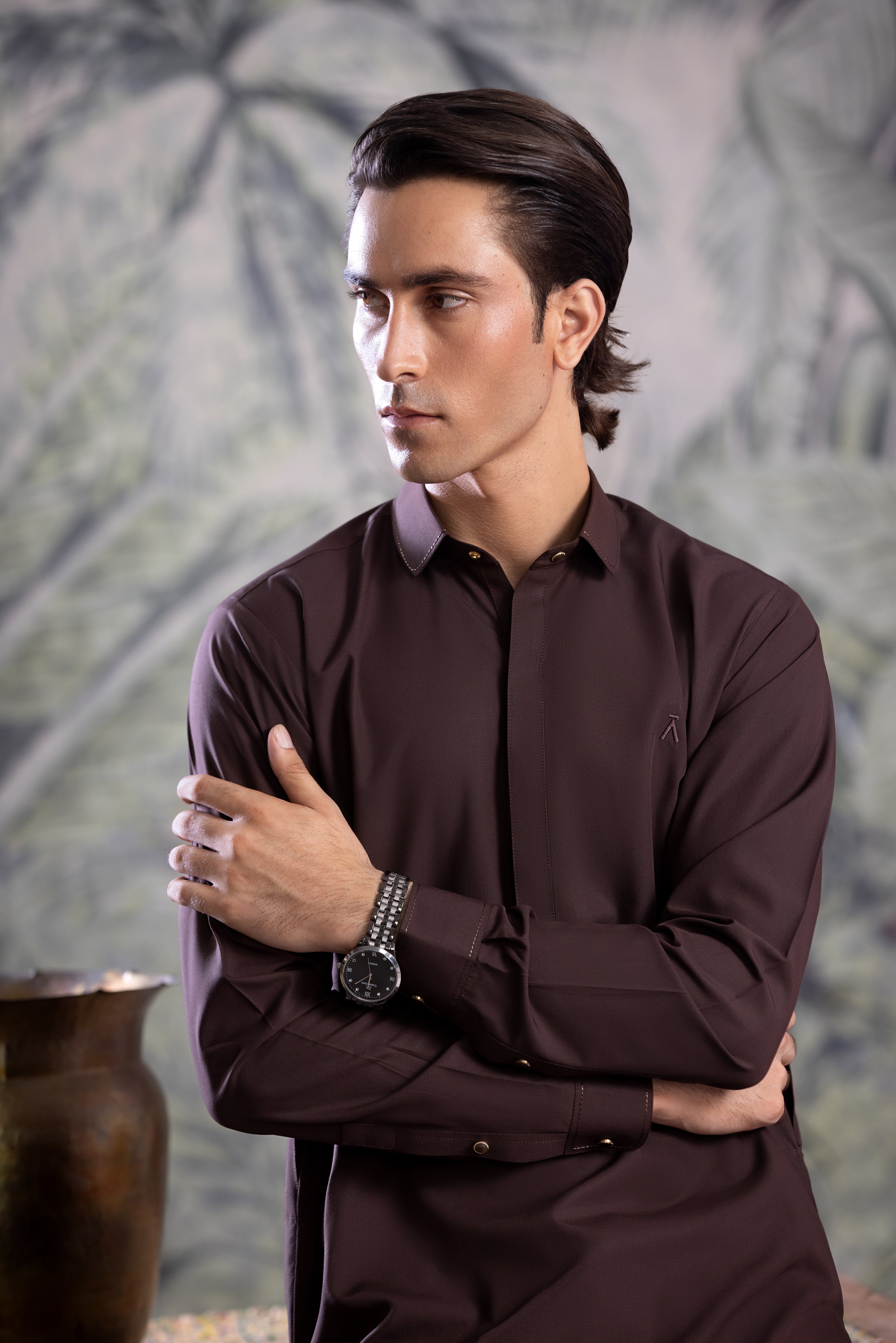 Chocolate Round Collar Hidden Placket Kameez Shalwar