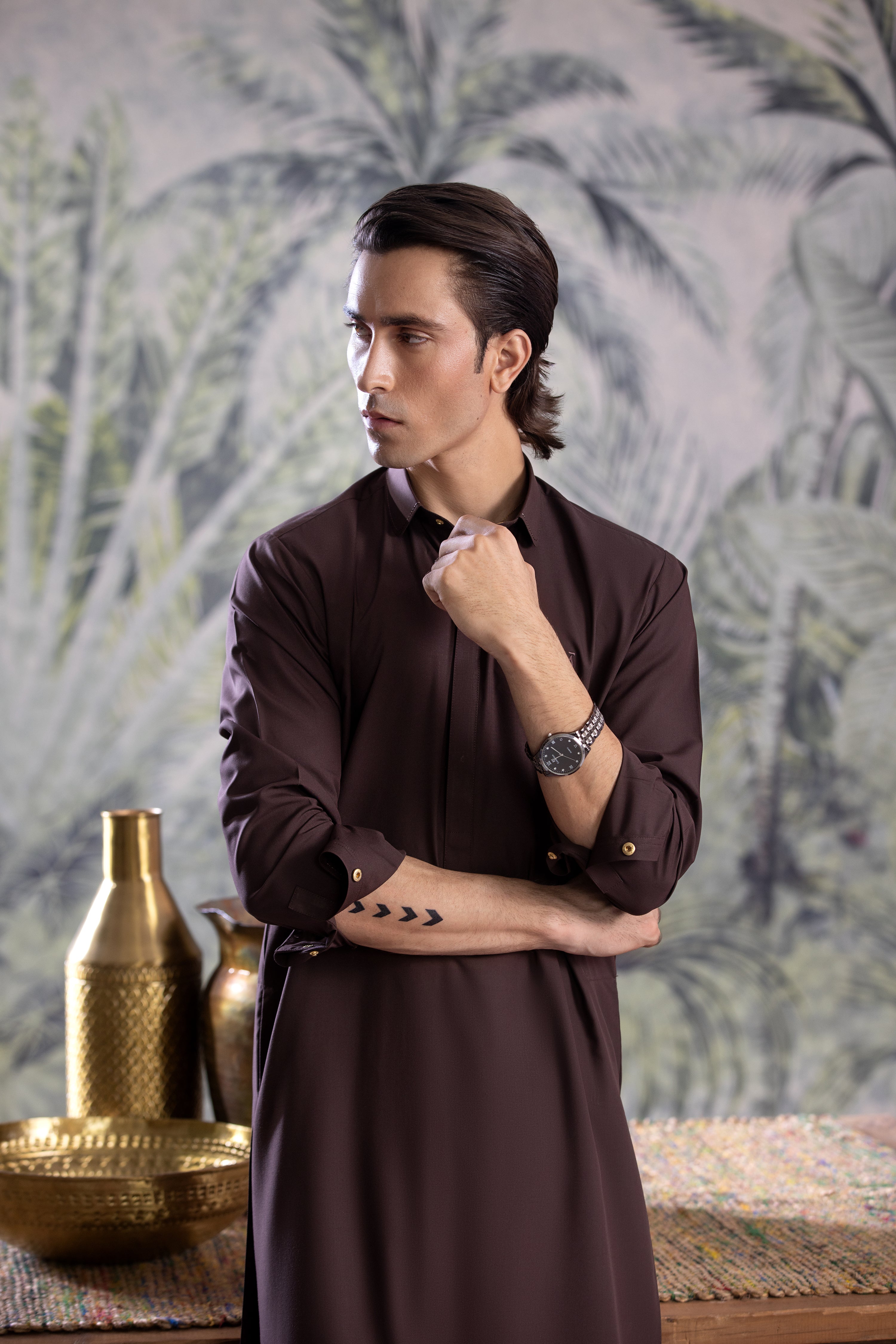 Chocolate Round Collar Hidden Placket Kameez Shalwar