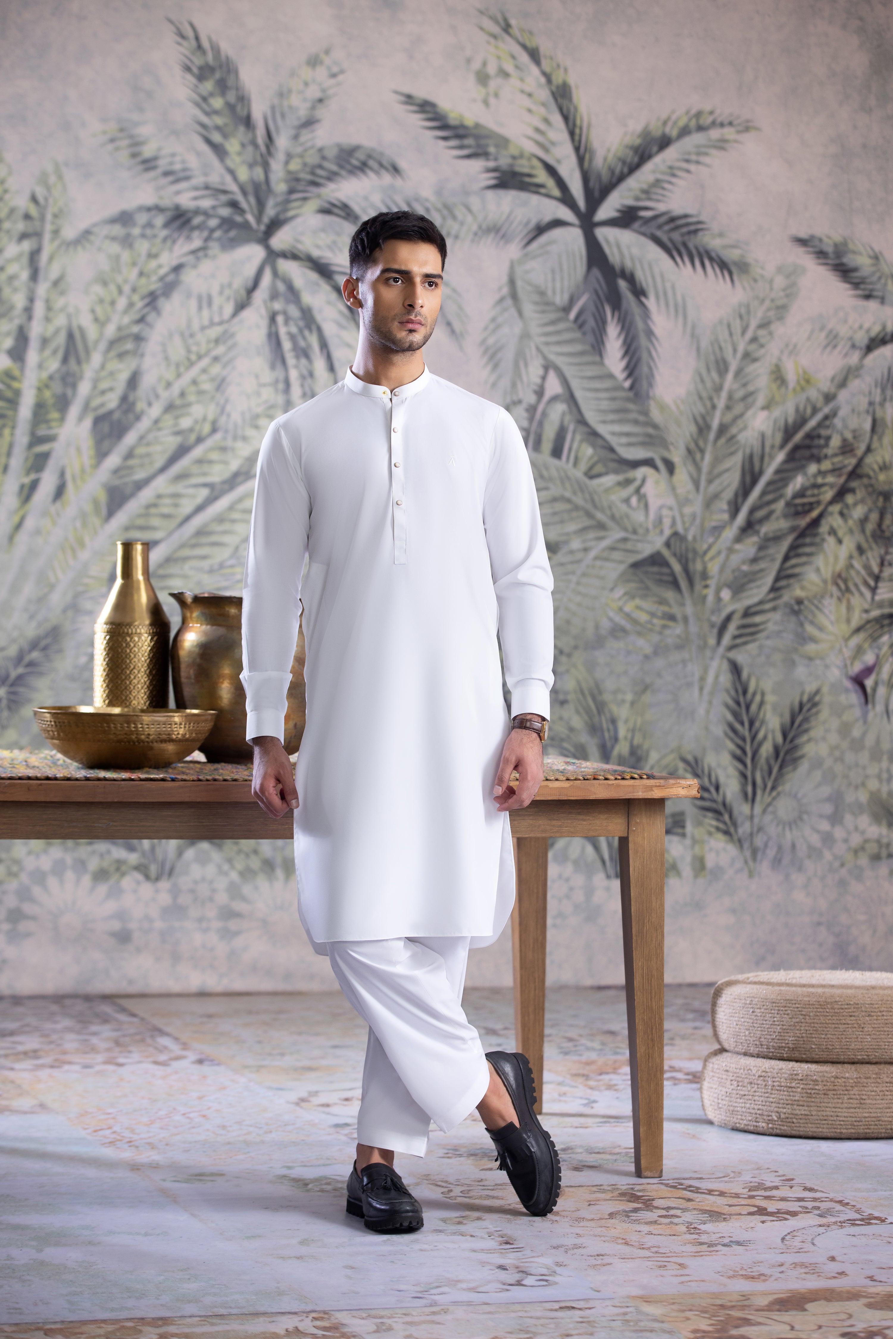 Off White Full Ban Kurta Shalwar With Contrast Metal Buttons