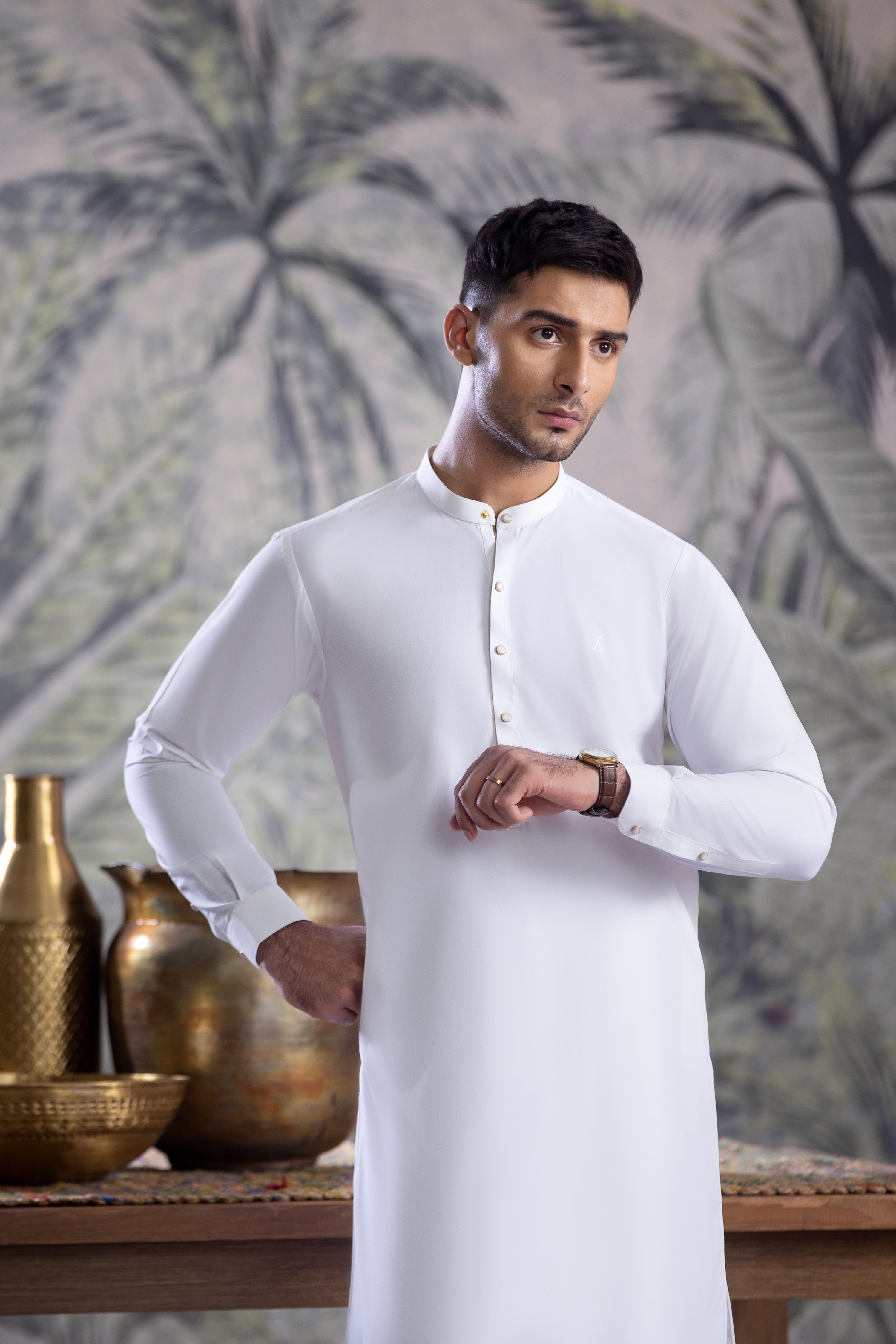 Off White Full Ban Kurta Shalwar With Contrast Metal Buttons