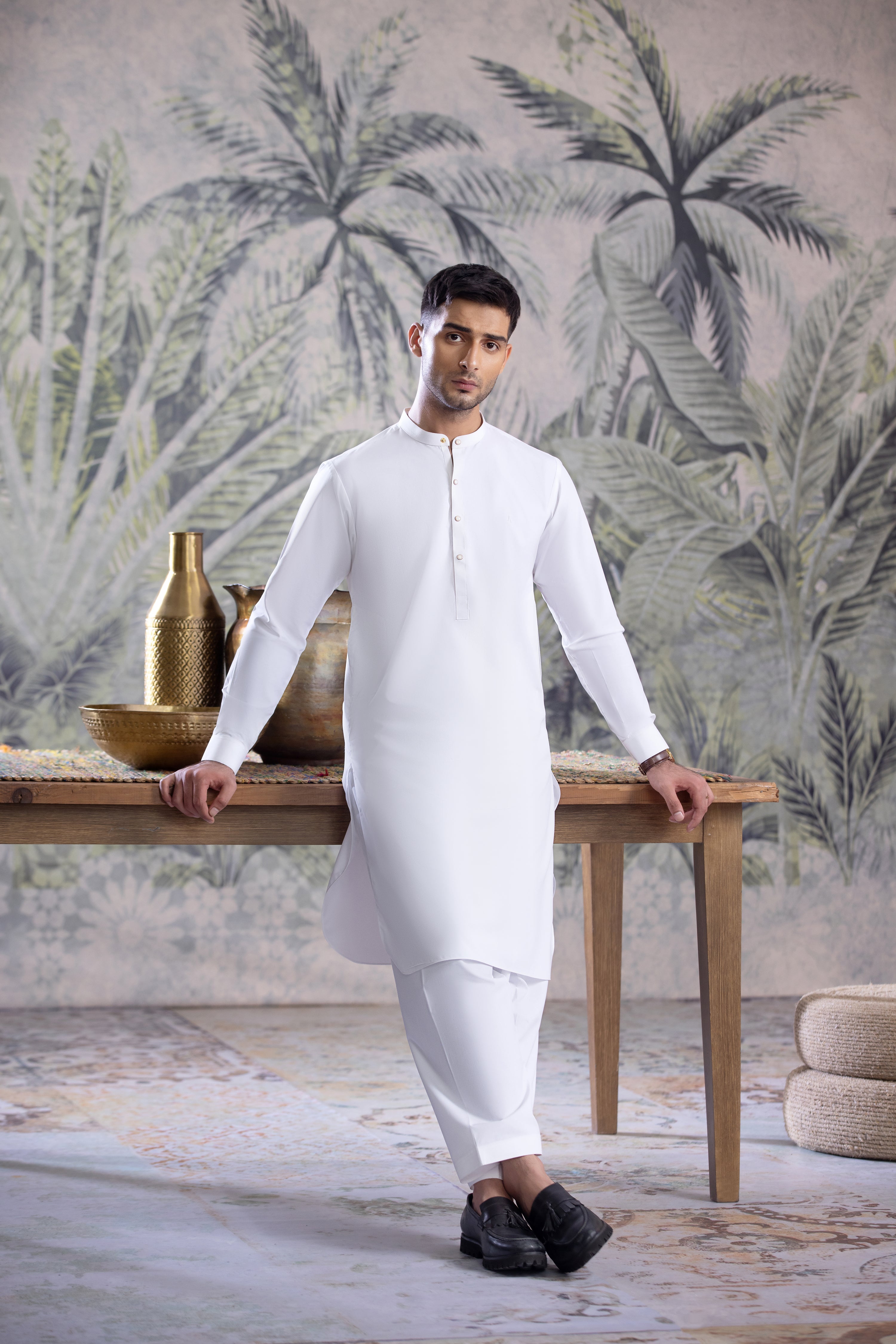 Off White Full Ban Kurta Shalwar With Contrast Metal Buttons