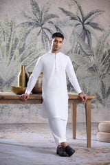 Stitched Full Ban Kurta Shalwar With Contrast Metal Buttons for Men - Off White
