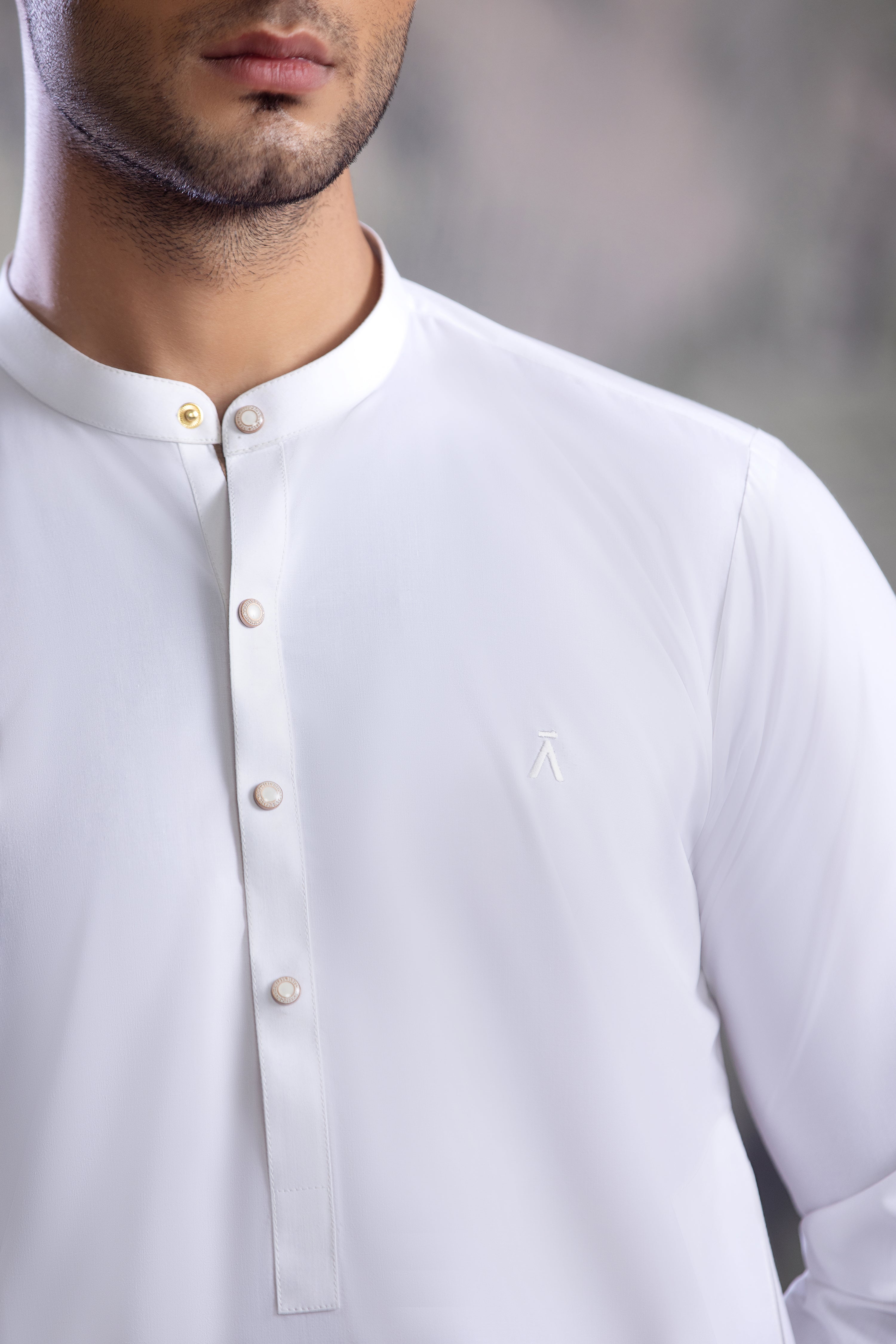 Off White Full Ban Kurta Shalwar With Contrast Metal Buttons