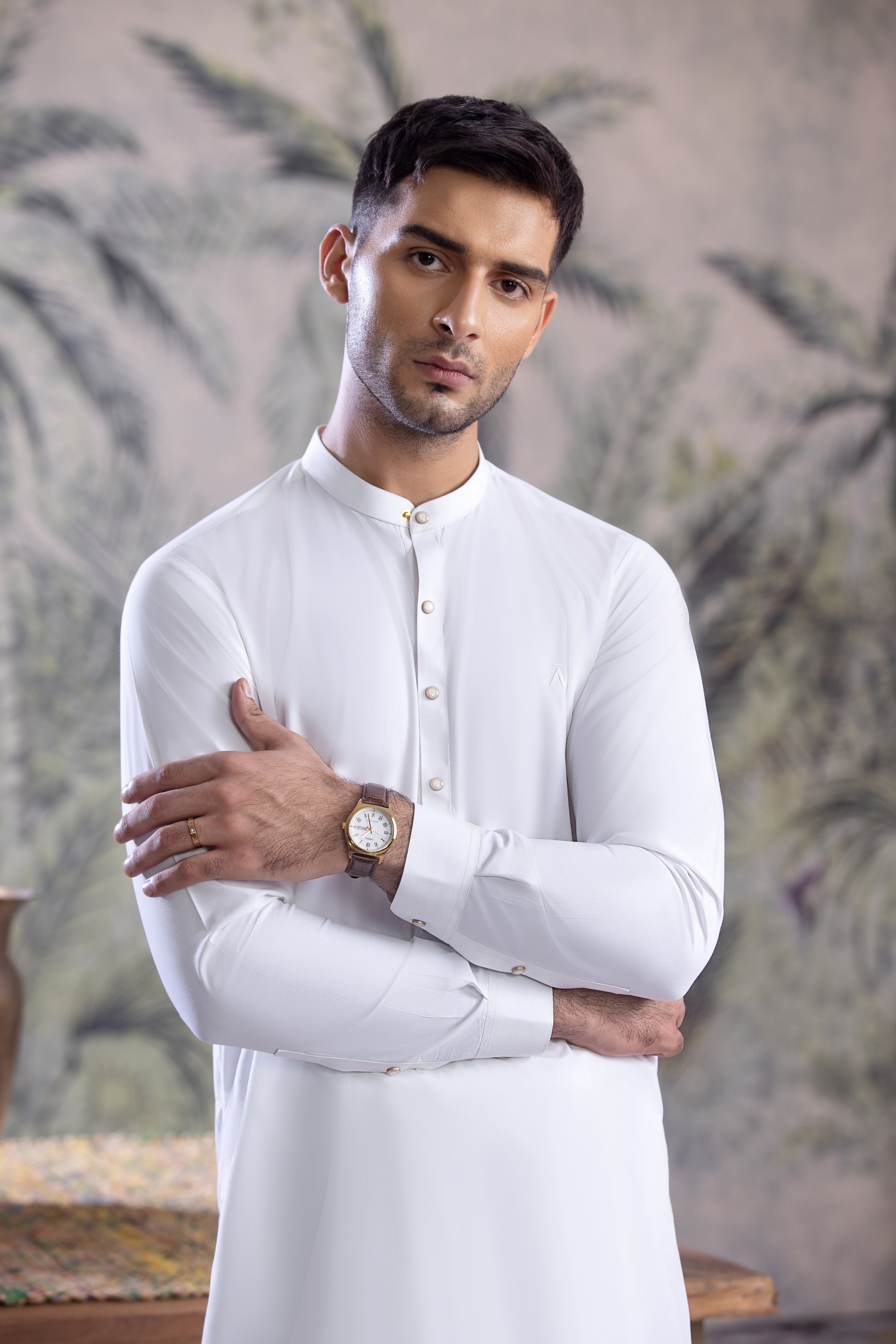 Off White Full Ban Kurta Shalwar With Contrast Metal Buttons