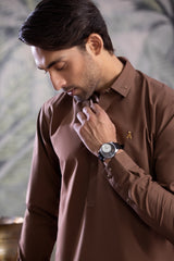 Stitched Collar Kameez Shalwar With Metal Buttons for Men - Brown