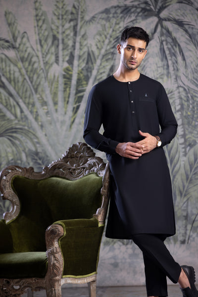 Black Ban Less Short Kurta Trouser With Contrast Metal Square Buttons