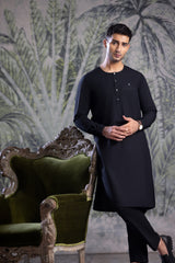 Stitched Ban Less Short Kurta Trouser With Contrast Metal Square Buttons for Men - Black