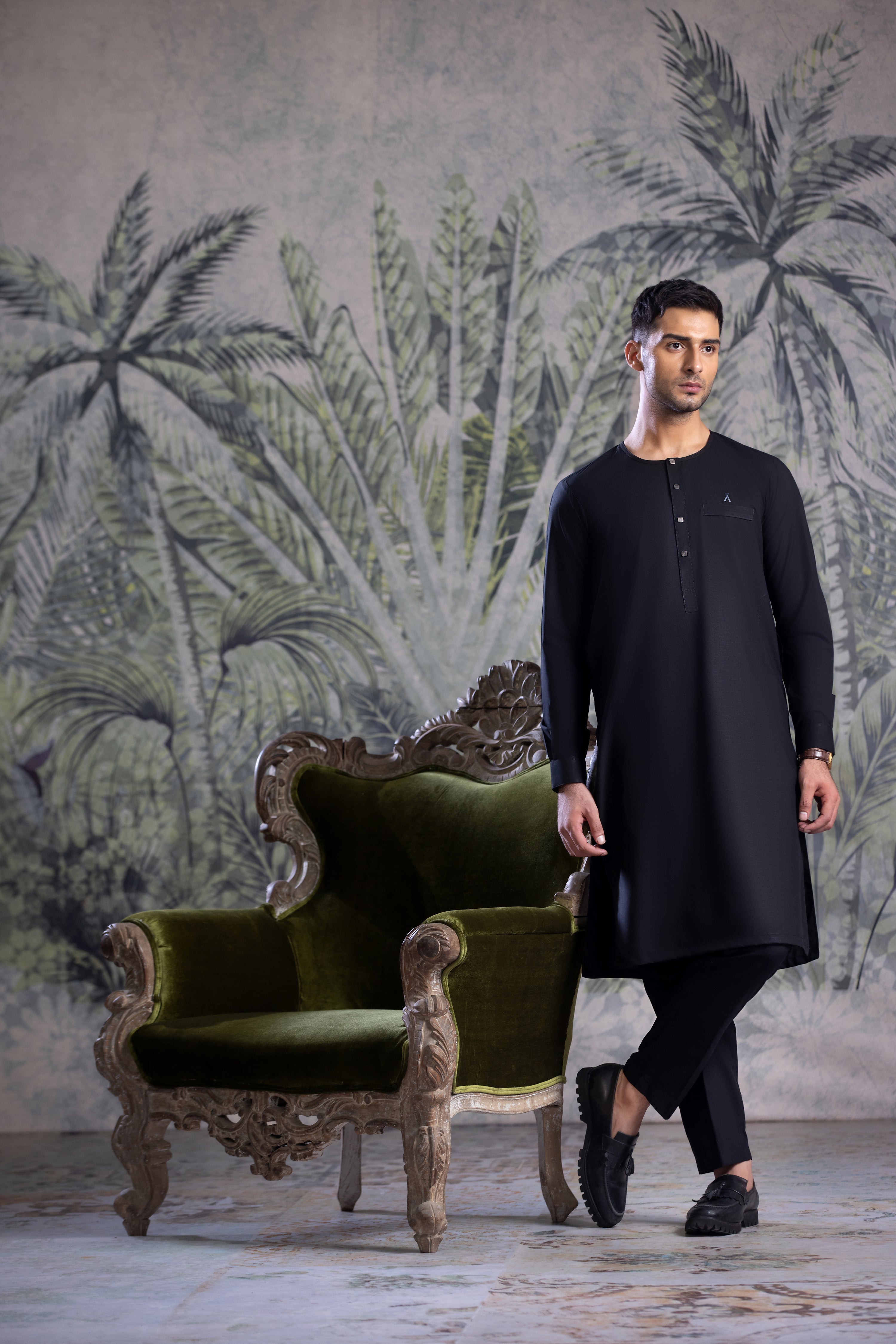 Black Ban Less Short Kurta Trouser With Contrast Metal Square Buttons