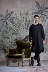 Stitched Ban Less Short Kurta Trouser With Contrast Metal Square Buttons for Men - Black