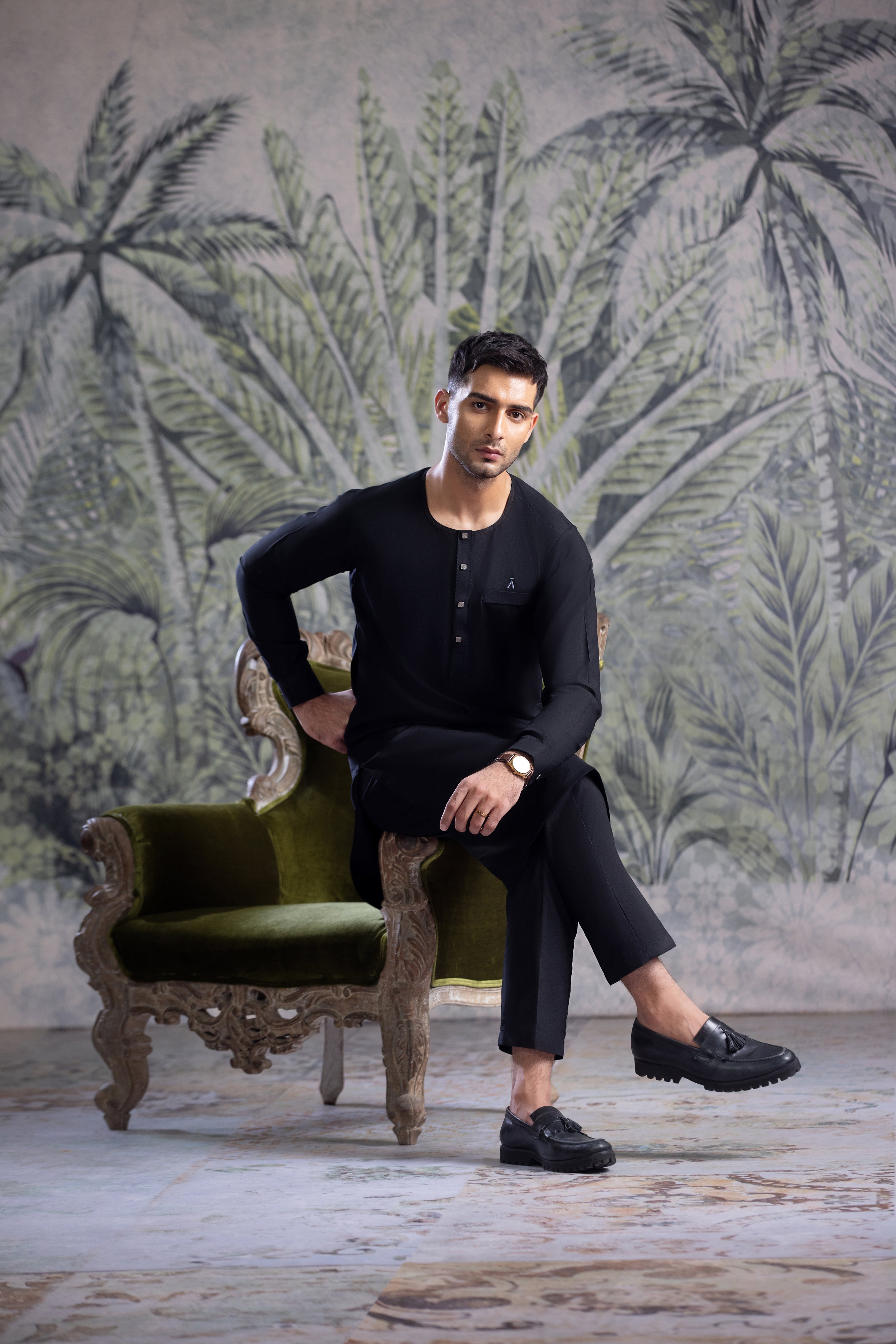 Black Ban Less Short Kurta Trouser With Contrast Metal Square Buttons