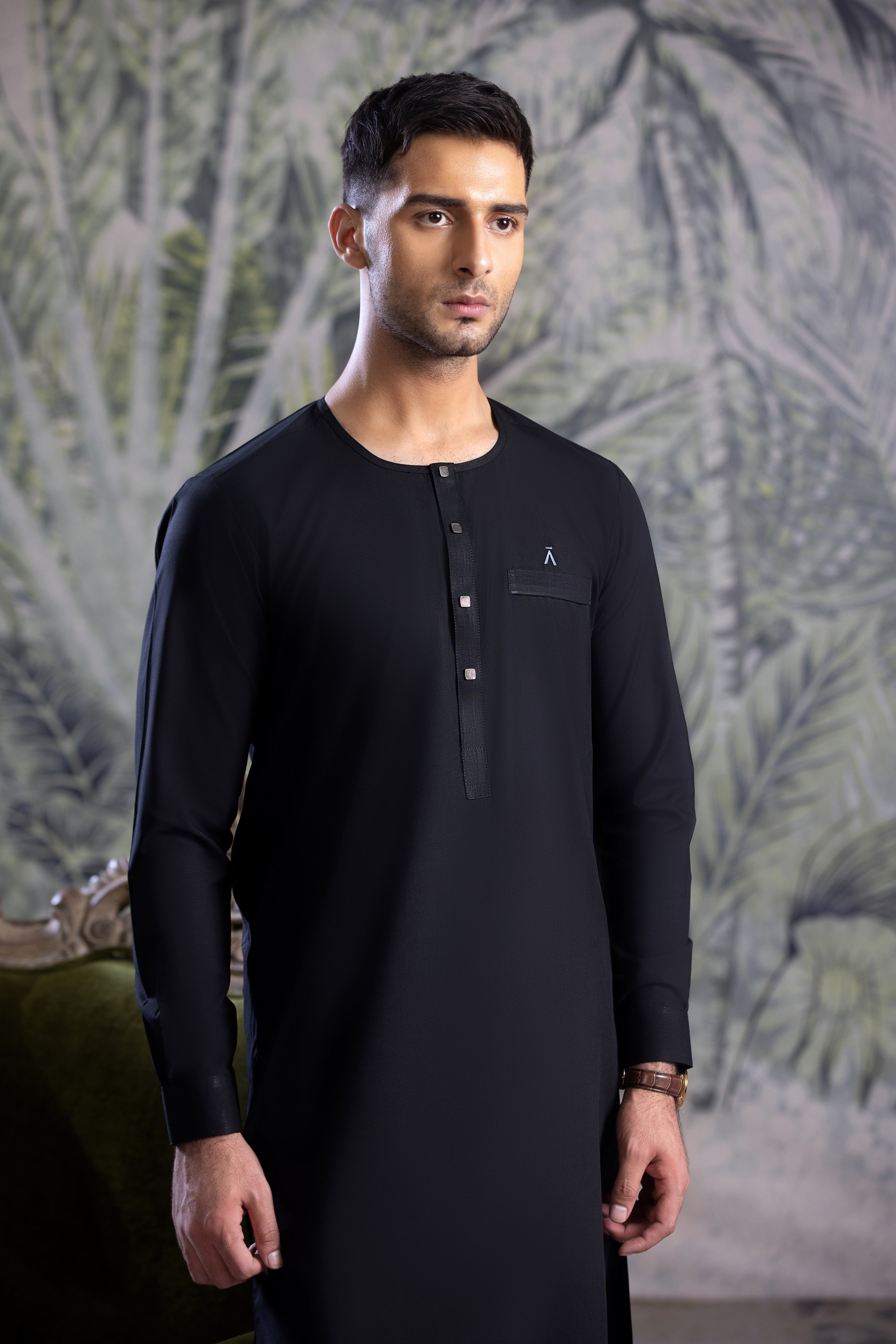 Black Ban Less Short Kurta Trouser With Contrast Metal Square Buttons