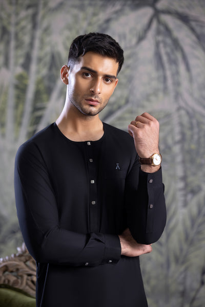 Black Ban Less Short Kurta Trouser With Contrast Metal Square Buttons