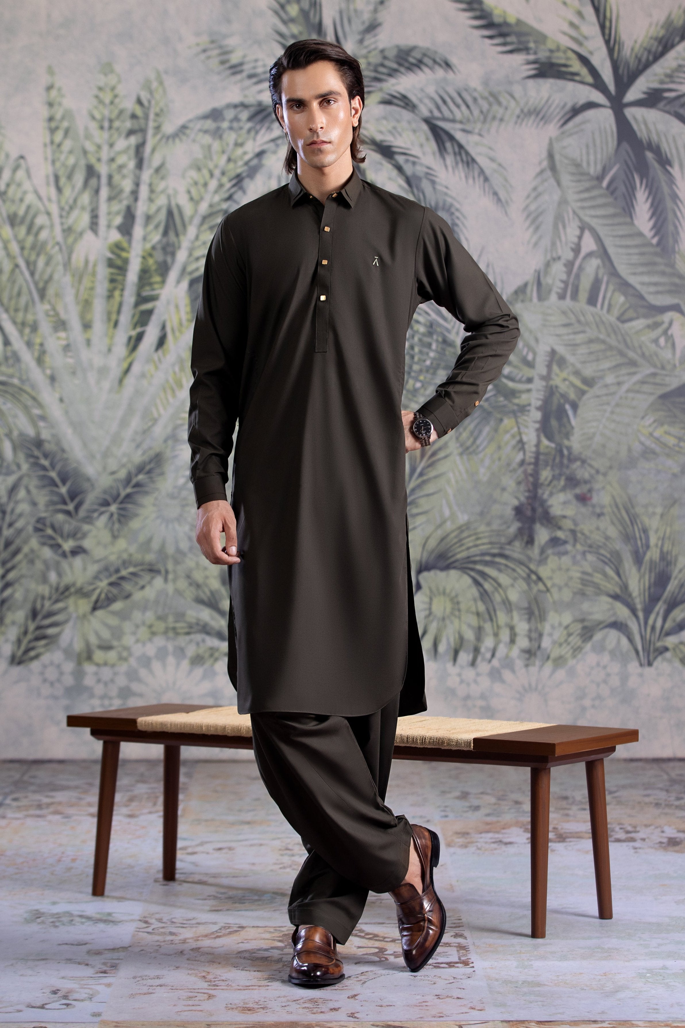 Olive Green Double Collar & Cuff Detail Kameez Shalwar With Golden Snap Buttons