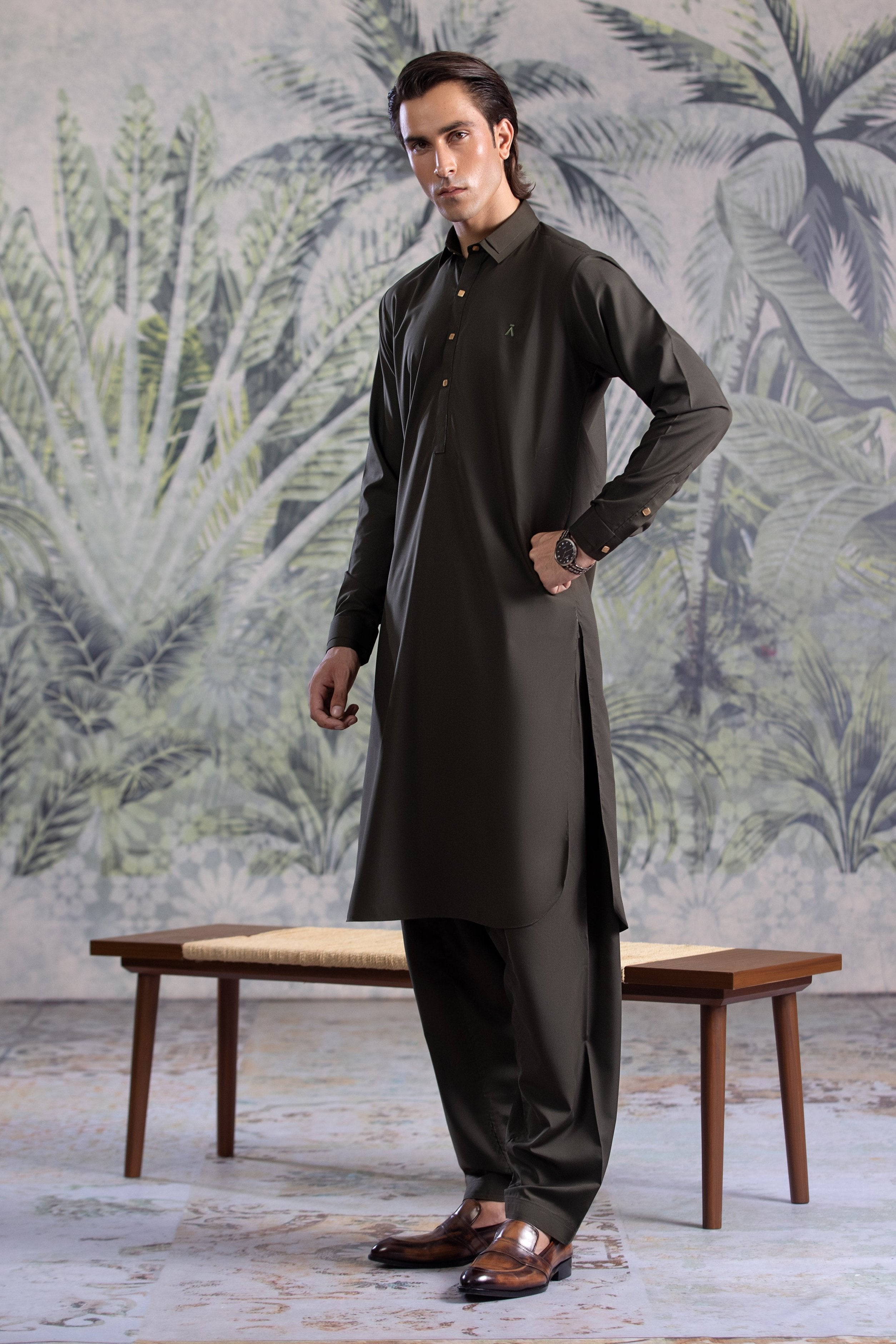 Olive Green Double Collar & Cuff Detail Kameez Shalwar With Golden Snap Buttons