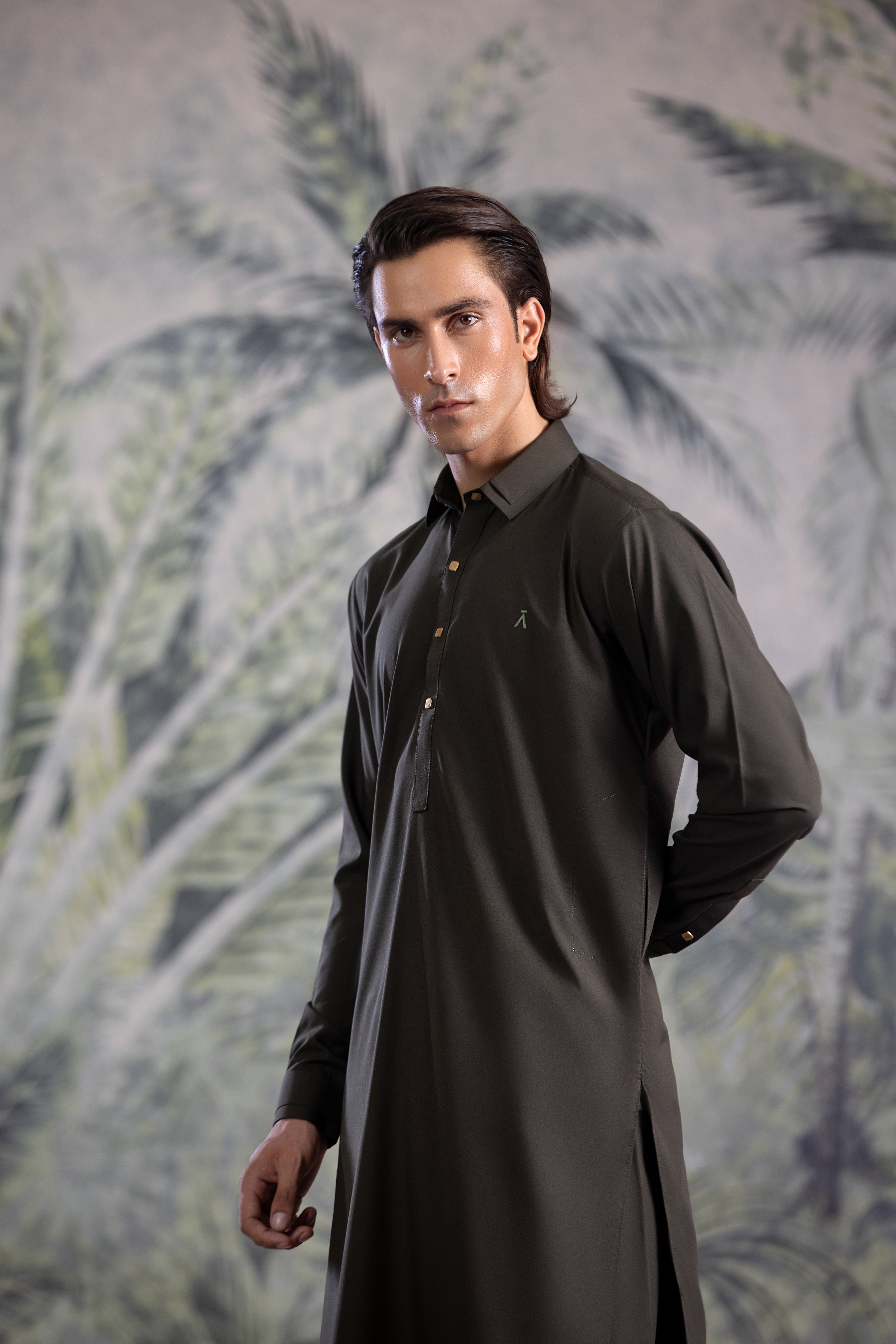 Olive Green Double Collar & Cuff Detail Kameez Shalwar With Golden Snap Buttons