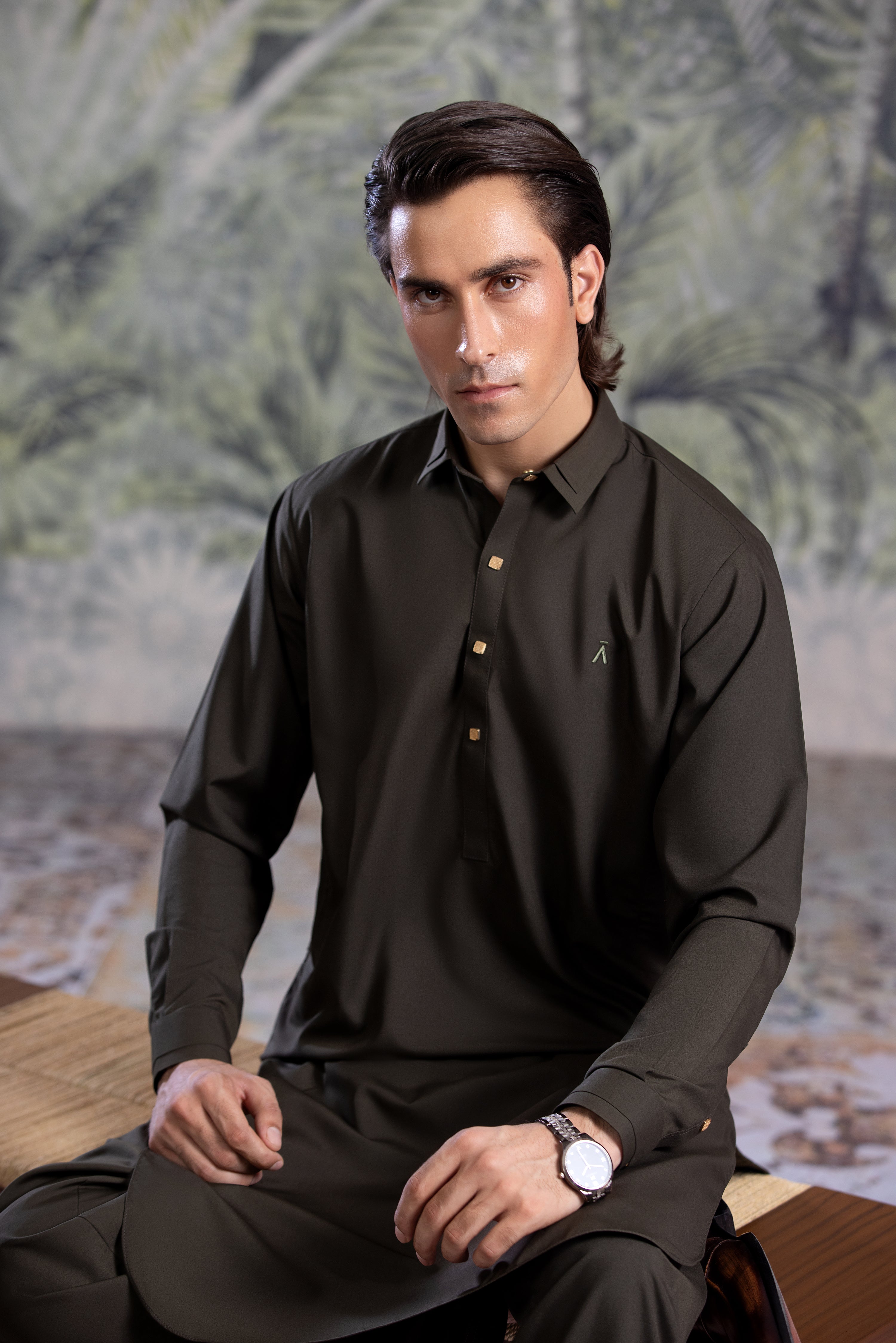 Olive Green Double Collar & Cuff Detail Kameez Shalwar With Golden Snap Buttons