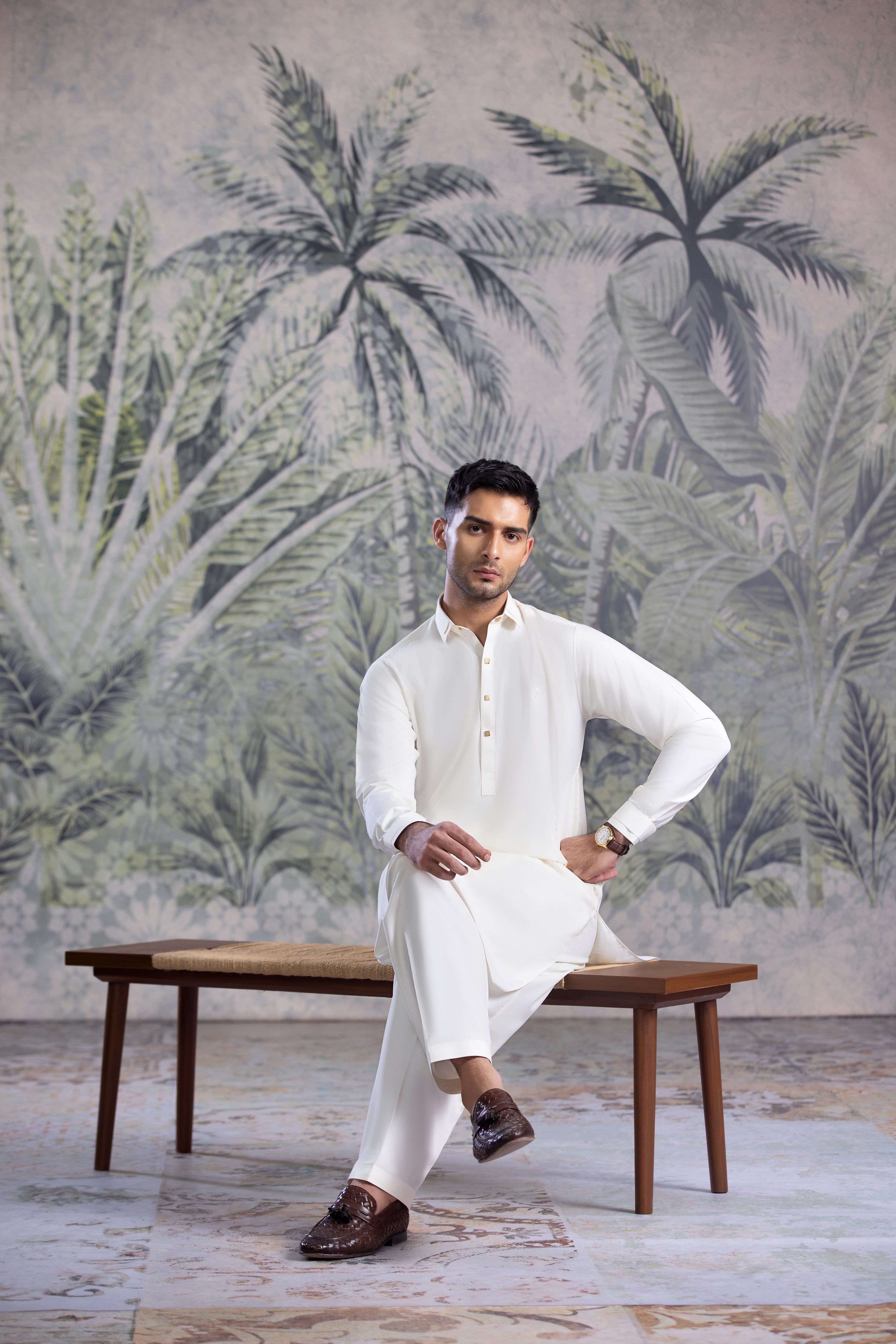 Premium Cream Boski Kameez Shalwar With Golden Square Buttons