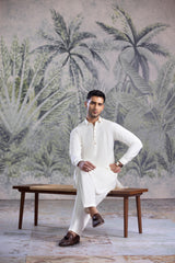 Stitched Premium Boski Kameez Shalwar With Golden Square Buttons for Men - Cream