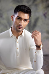 Stitched Premium Boski Kameez Shalwar With Golden Square Buttons for Men - Cream