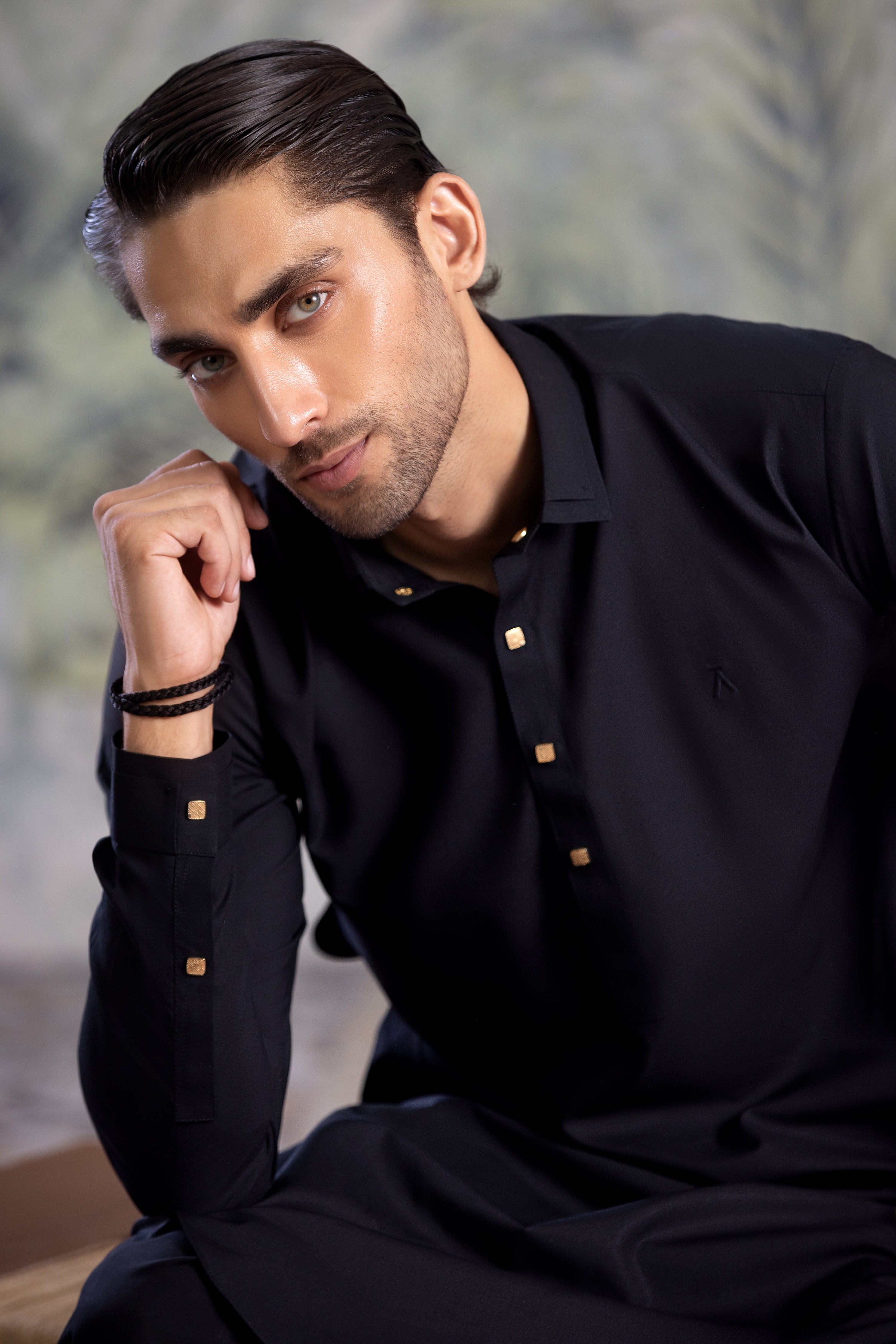 Black Double Collar Kameez Shalwar With Golden Square Metal Buttons