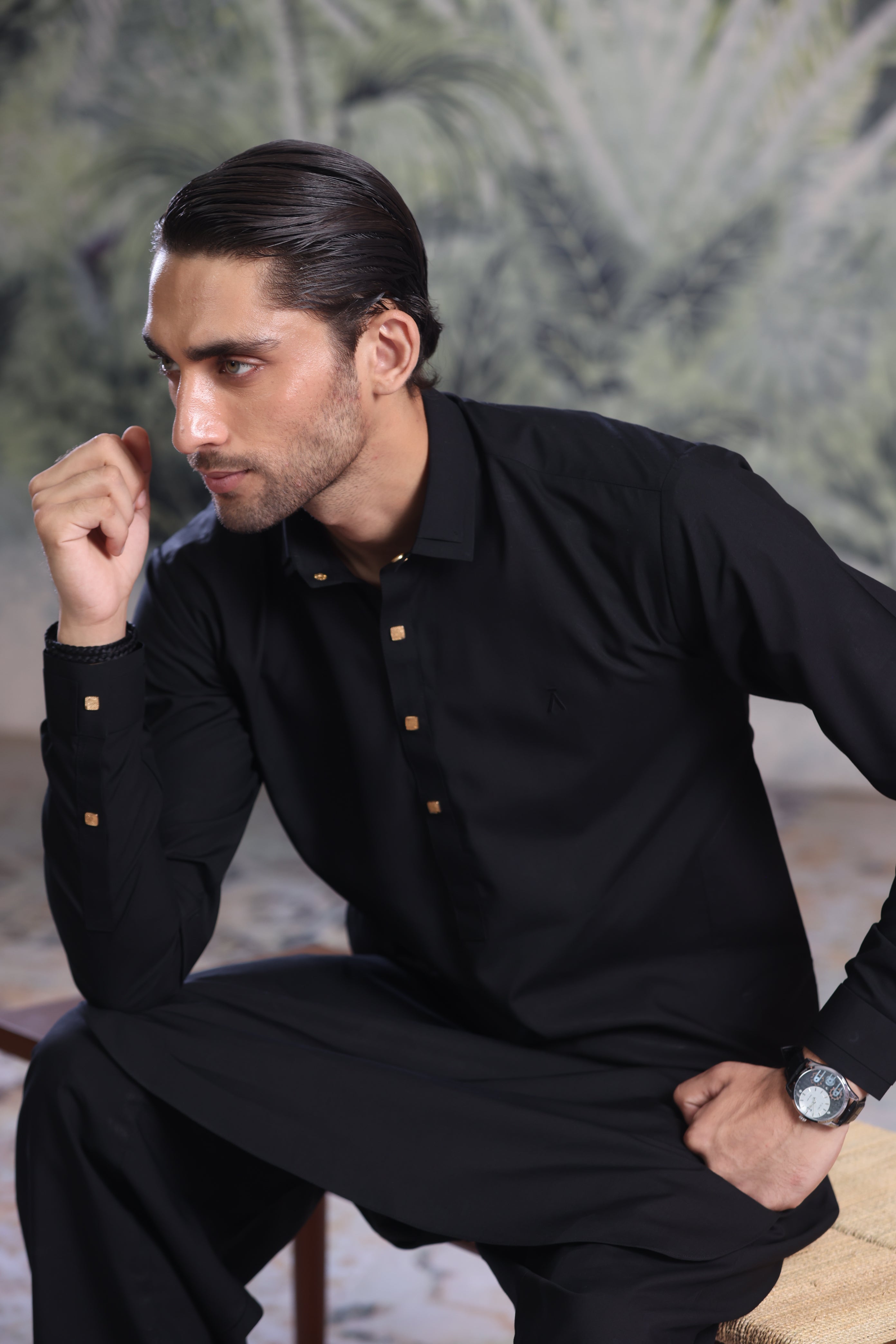 Black Double Collar Kameez Shalwar With Golden Square Metal Buttons