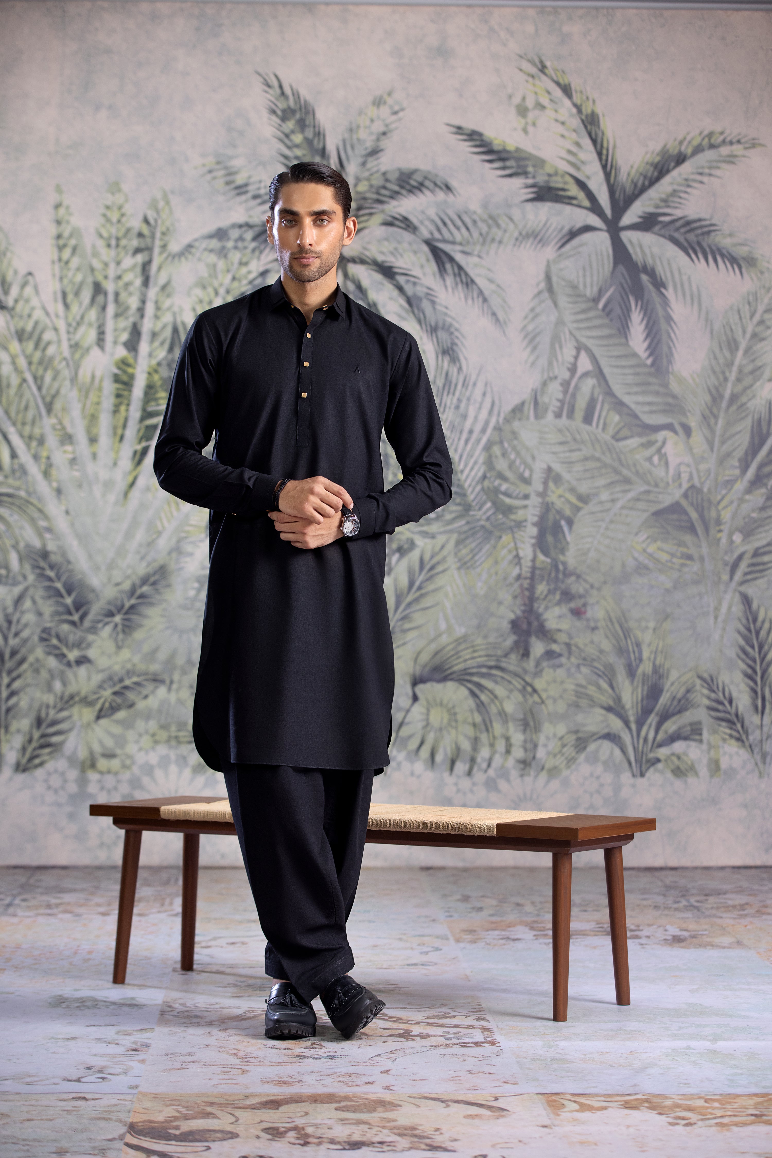 Black Double Collar Kameez Shalwar With Golden Square Metal Buttons