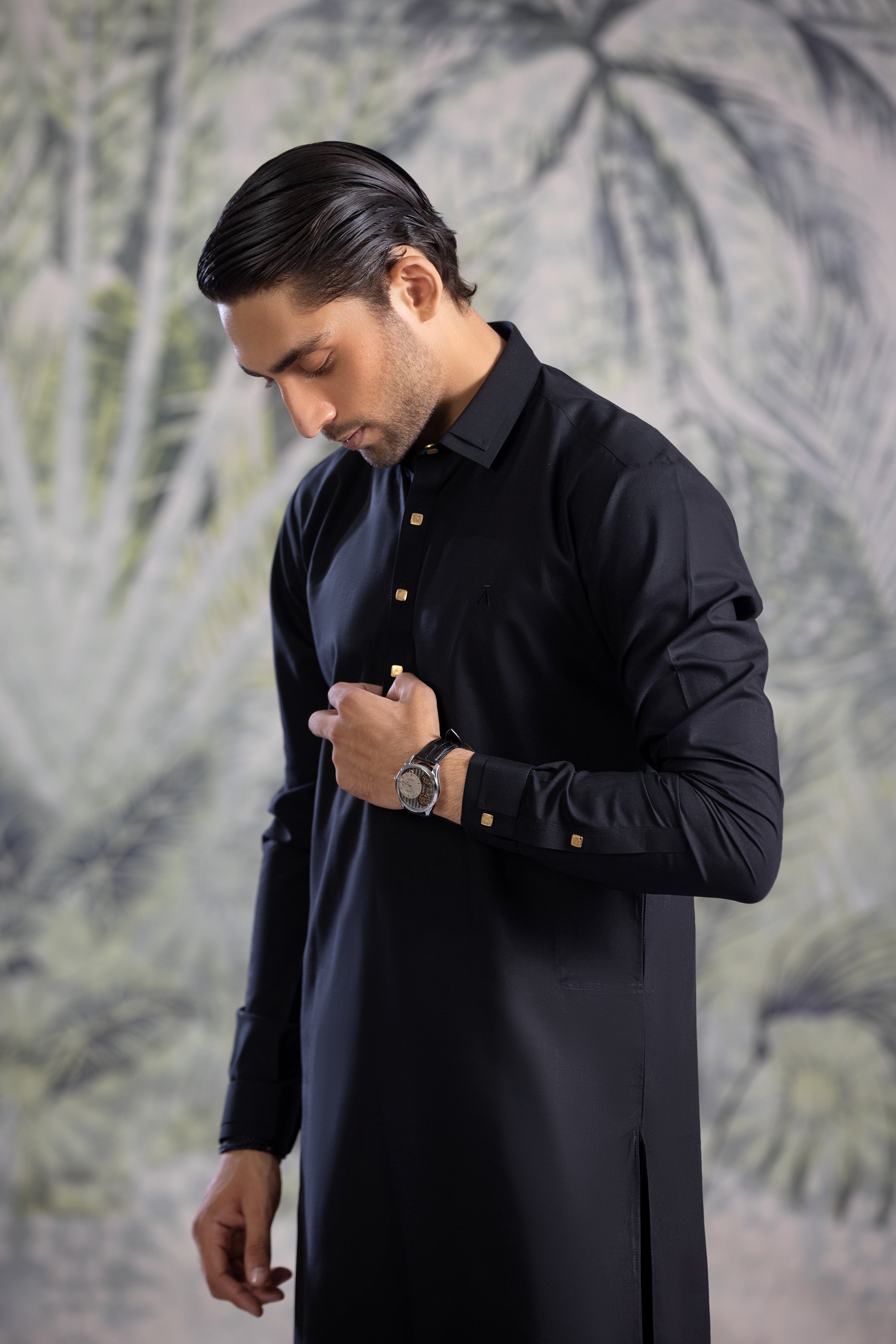 Black Double Collar Kameez Shalwar With Golden Square Metal Buttons