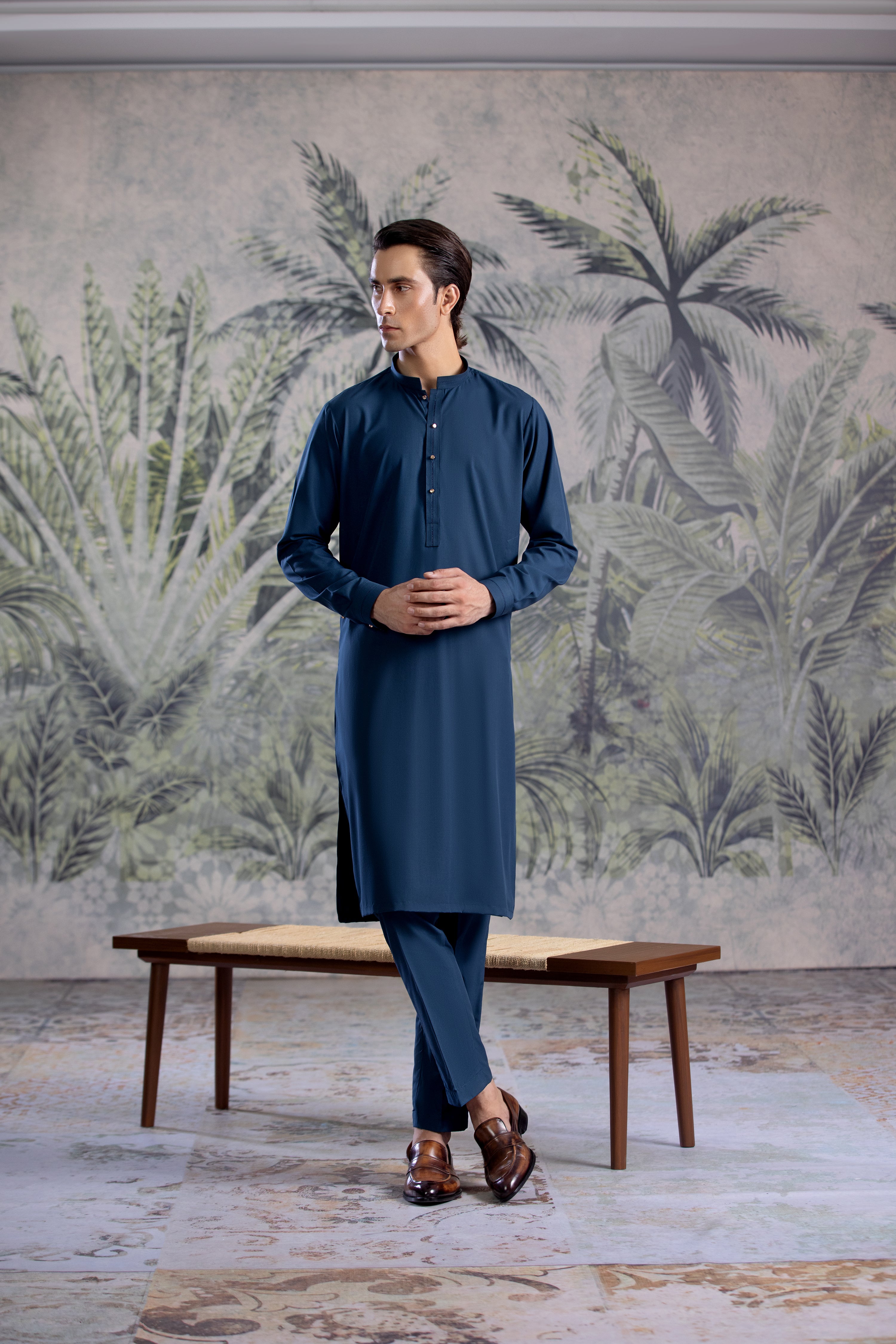 Teal Blue Kurta Trouser With Golden Metal Buttons & Thread Details