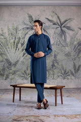 Stitched Kurta Trouser With Golden Metal Buttons & Thread Details for Men - Teal Blue