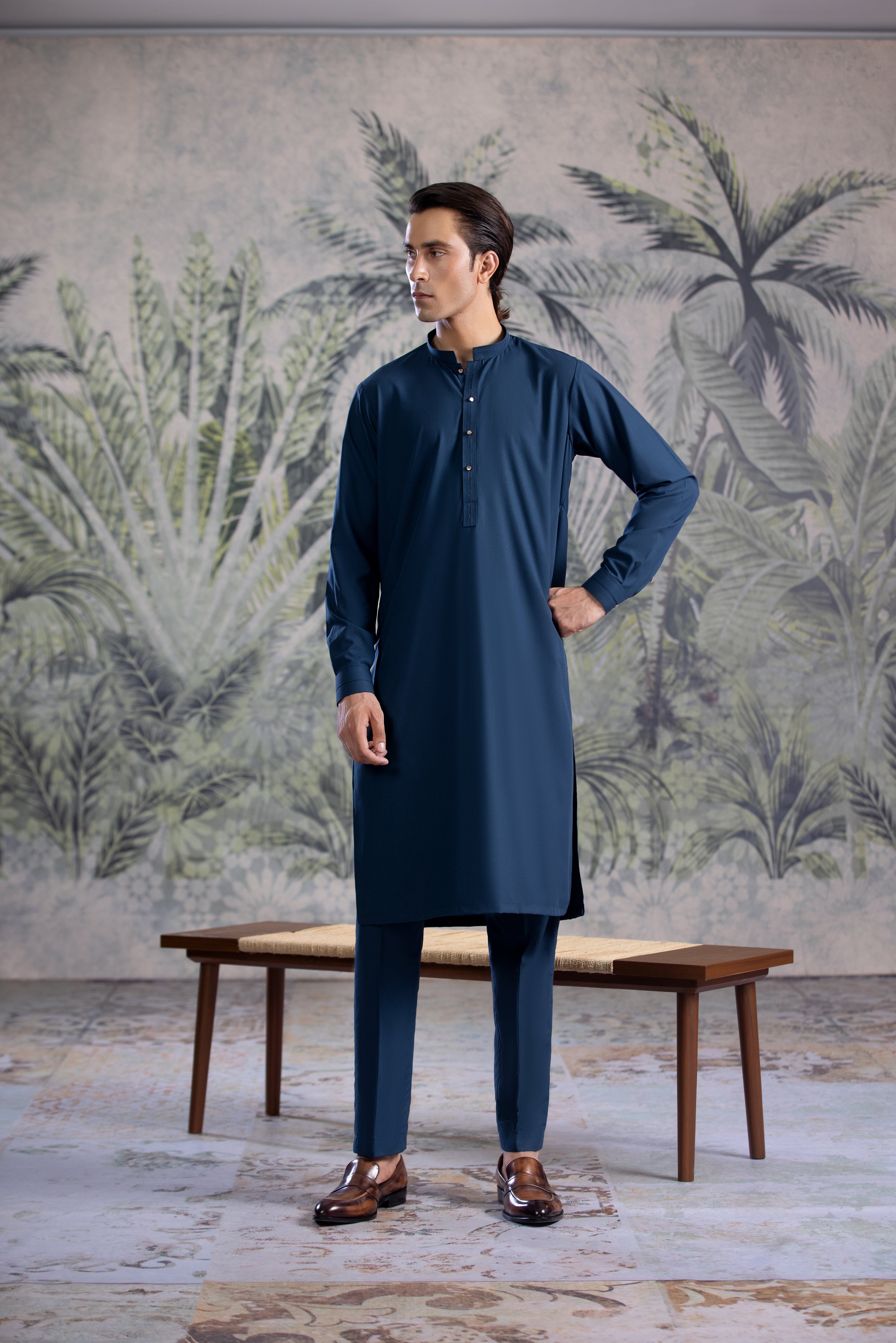 Teal Blue Kurta Trouser With Golden Metal Buttons & Thread Details