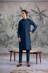 Stitched Kurta Trouser With Golden Metal Buttons & Thread Details for Men - Teal Blue