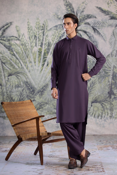 Purple Button Down Collar Kameez With Matching Shalwar