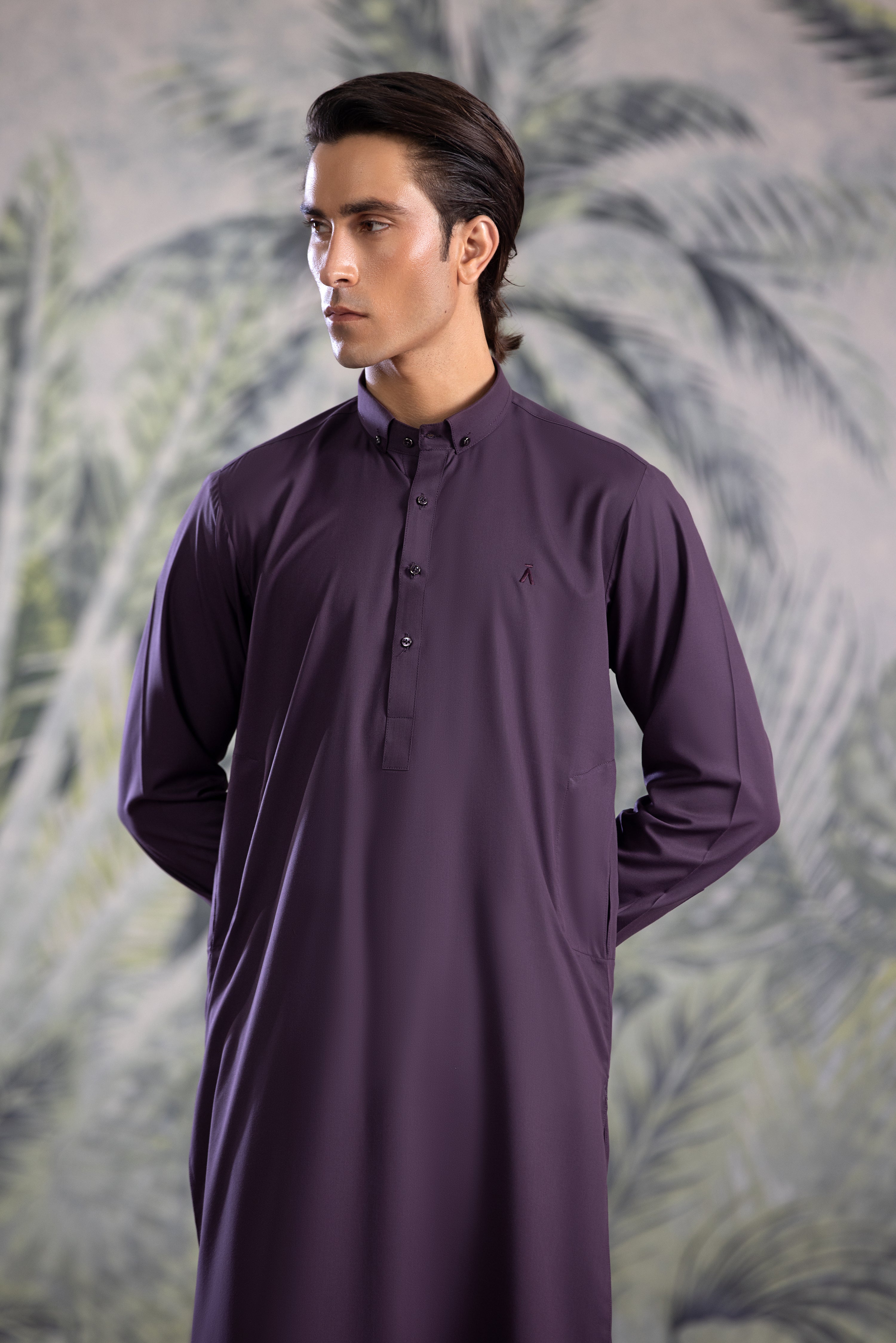 Purple Button Down Collar Kameez With Matching Shalwar