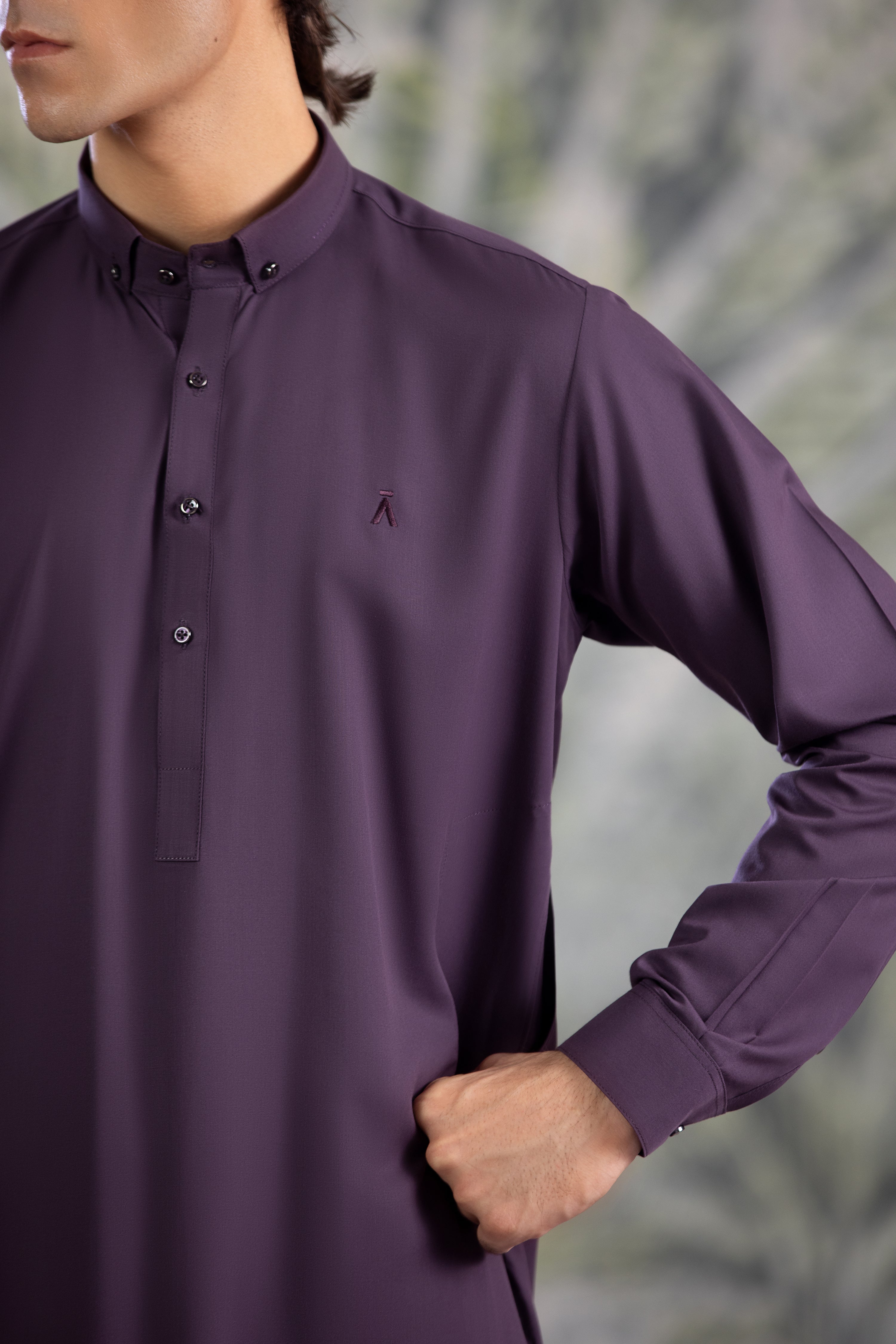 Purple Button Down Collar Kameez With Matching Shalwar