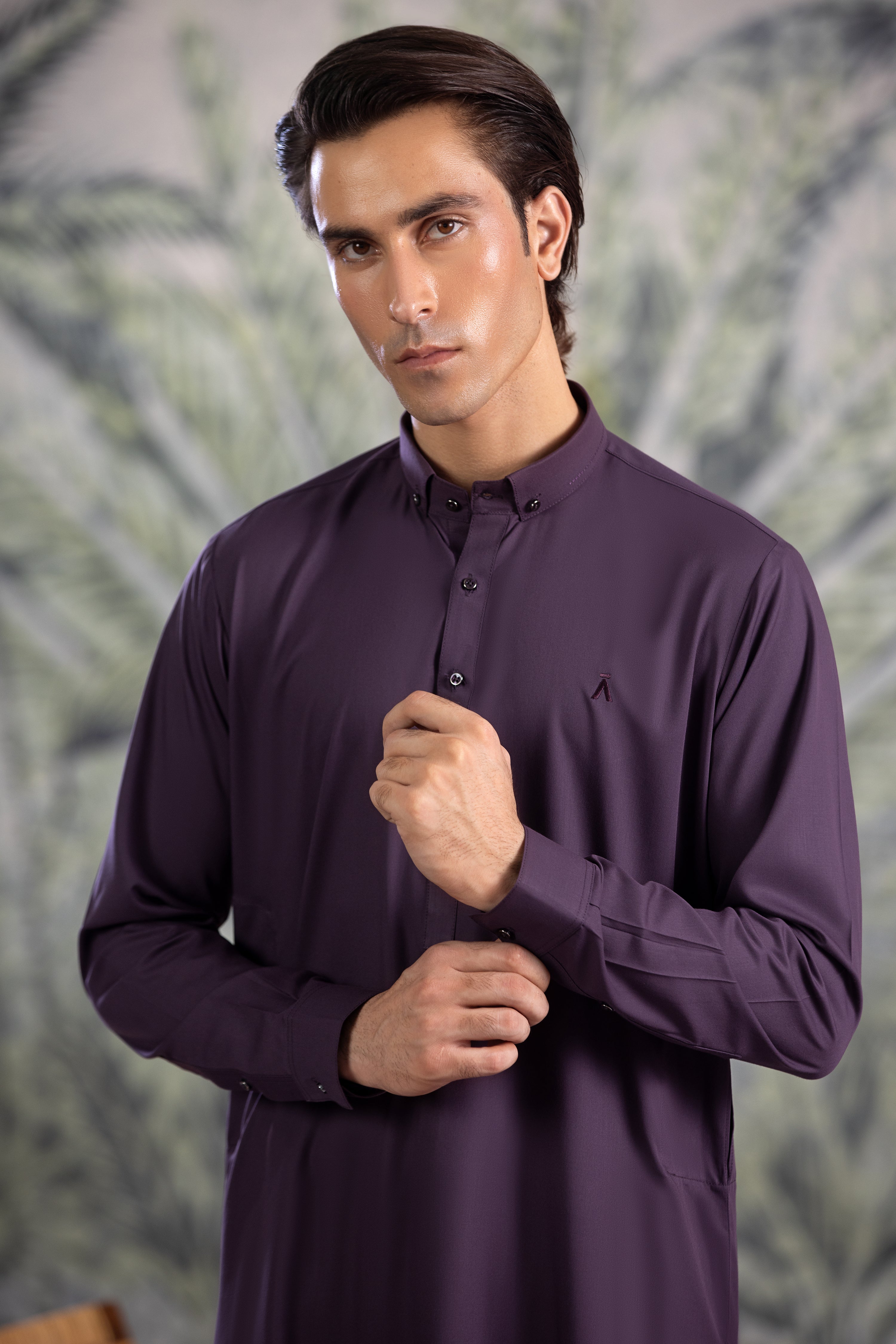 Purple Button Down Collar Kameez With Matching Shalwar