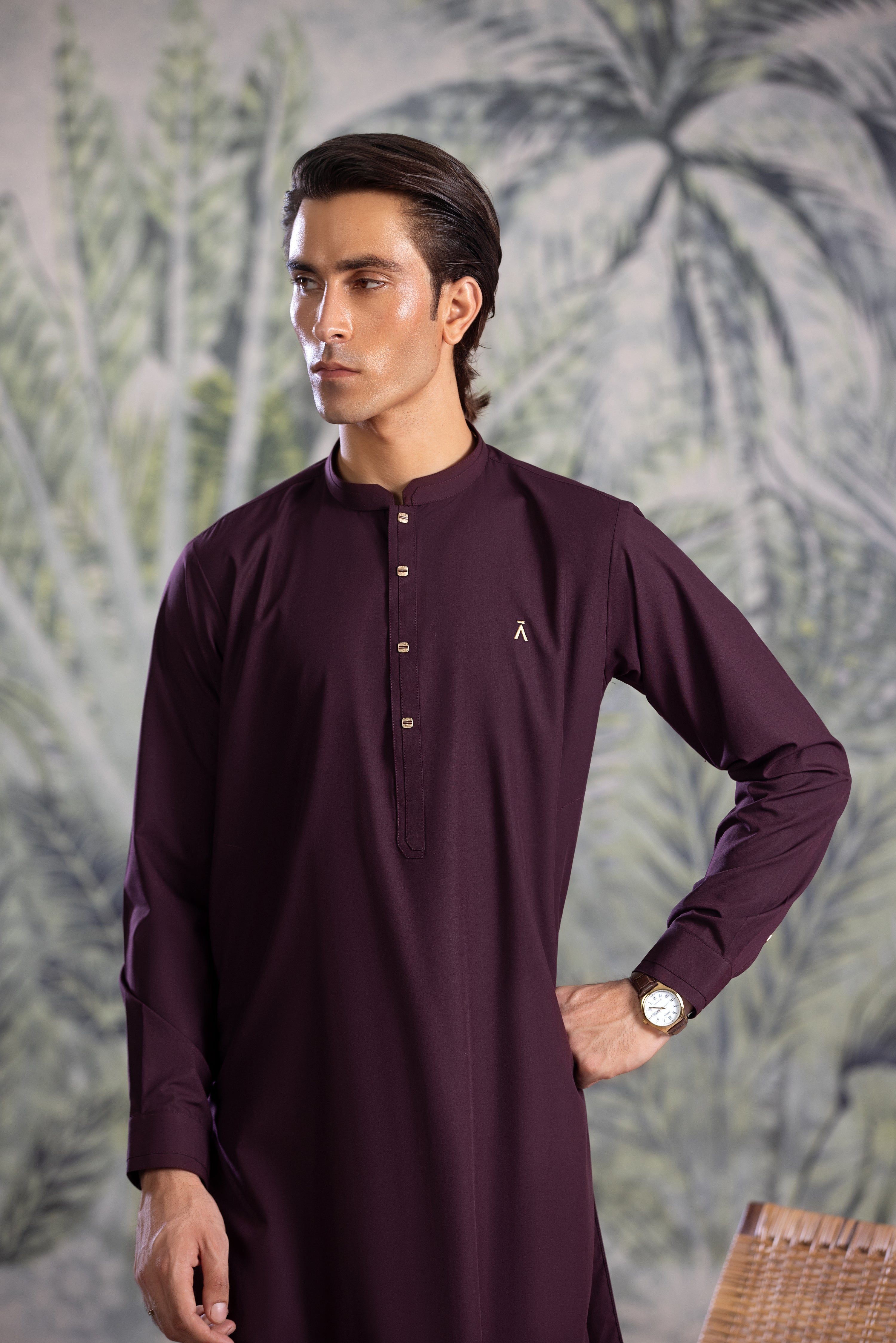 Burgundy Kurta With Matching Trousers & Square Snap Buttons