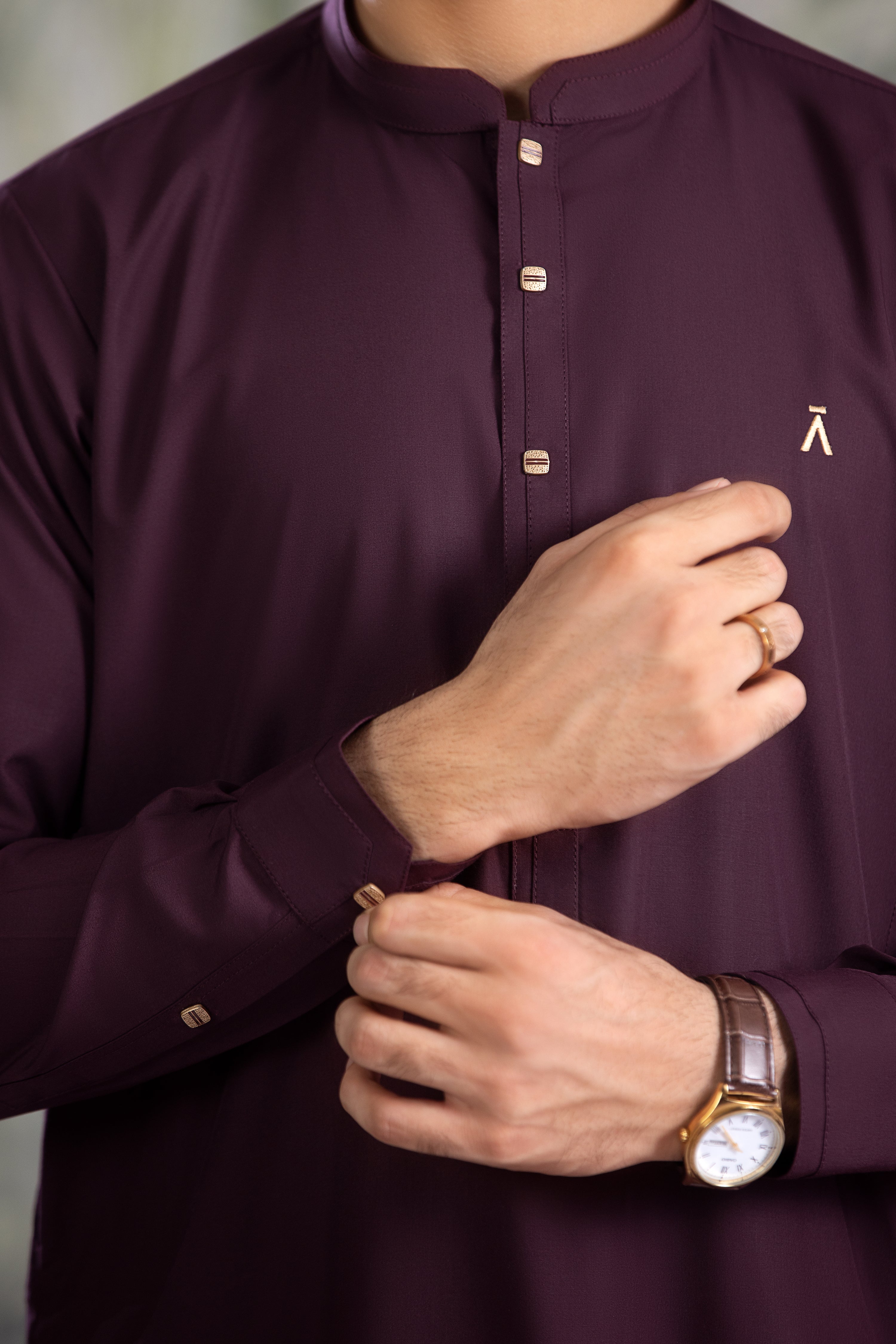 Burgundy Kurta With Matching Trousers & Square Snap Buttons