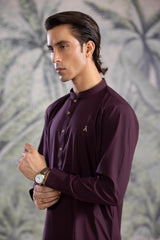 Stitched Kurta With Matching Trousers & Square Metal Buttons for Men - Burgundy