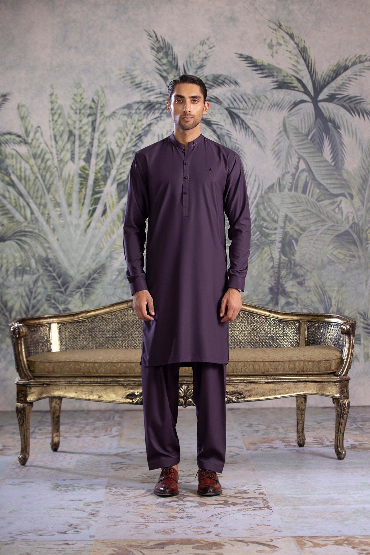 Stitched Kurta Shalwar With Contrast Buttons & Details for Men - Indigo