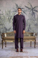 Stitched Kurta Shalwar With Contrast Buttons & Details for Men - Indigo