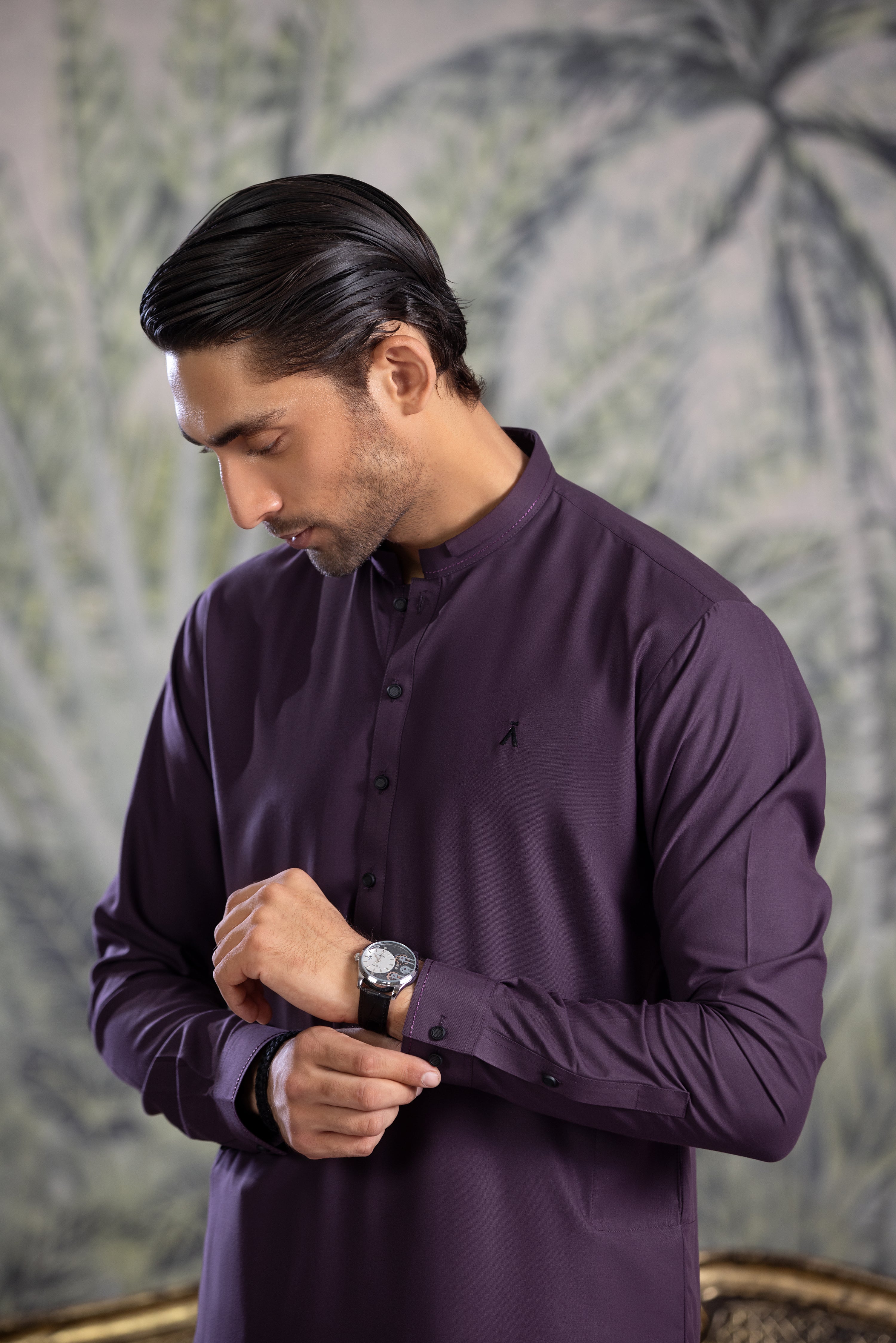 Indigo Kurta Shalwar With Black Buttons & Details