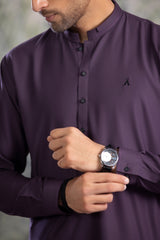 Stitched Kurta Shalwar With Contrast Buttons & Details for Men - Indigo