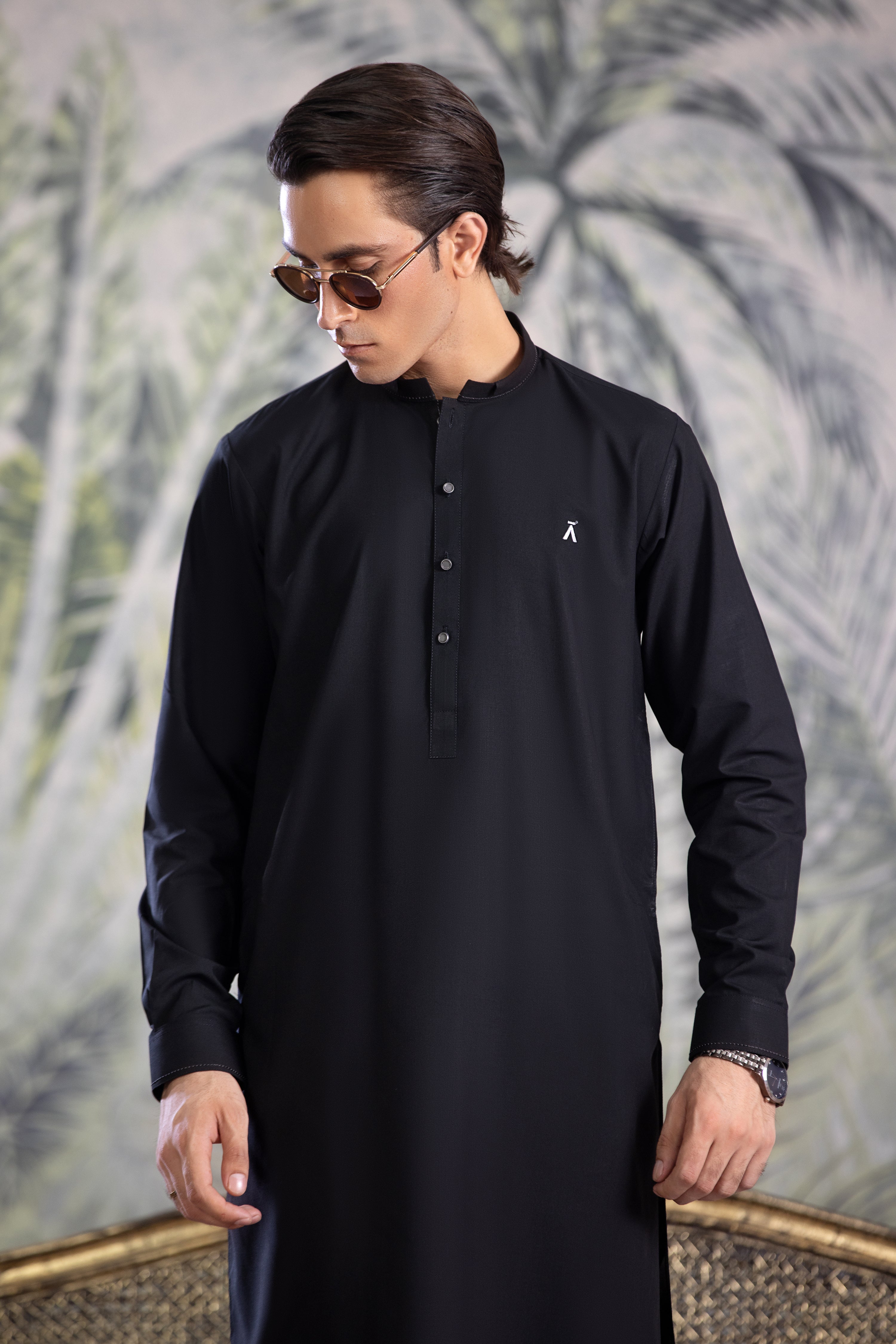 Black Kurta Shalwar With Contrast Grey Detailing