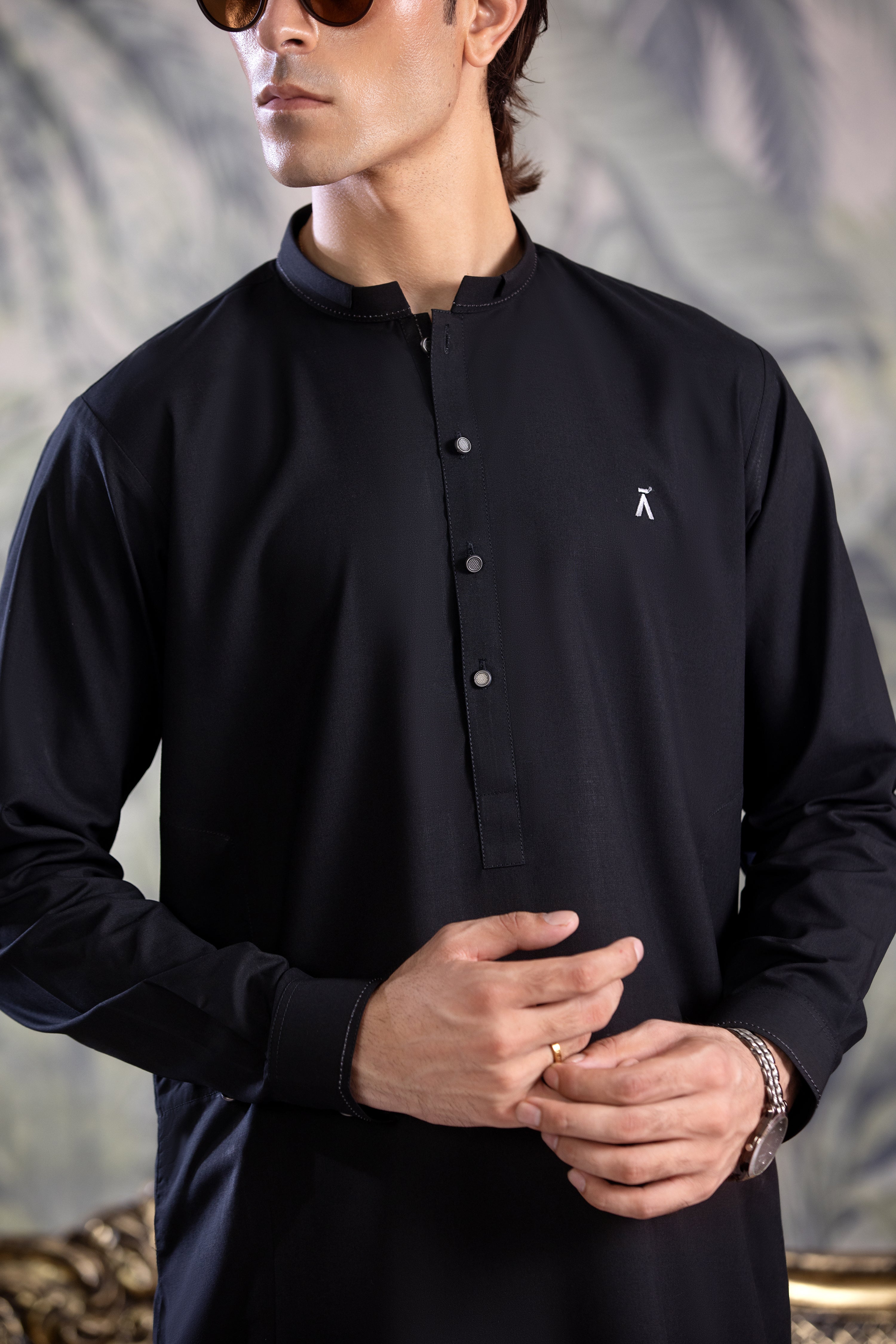 Black Kurta Shalwar With Contrast Grey Detailing