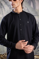 Stitched Kurta Shalwar With Contrast Detailing for Men - Black